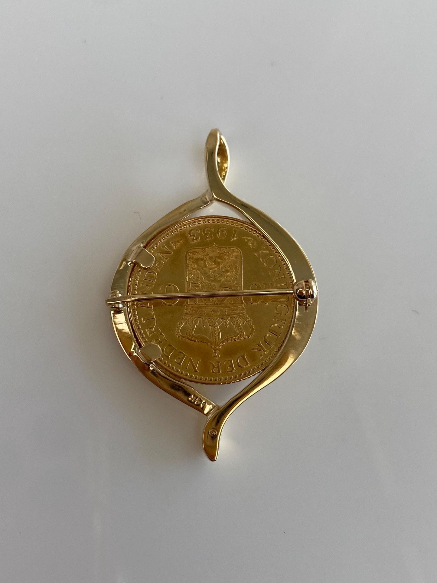 Vintage Solid Netherlands 10 Gulden Coin in 14k Yellow Gold Frame Brooch Pin Charm