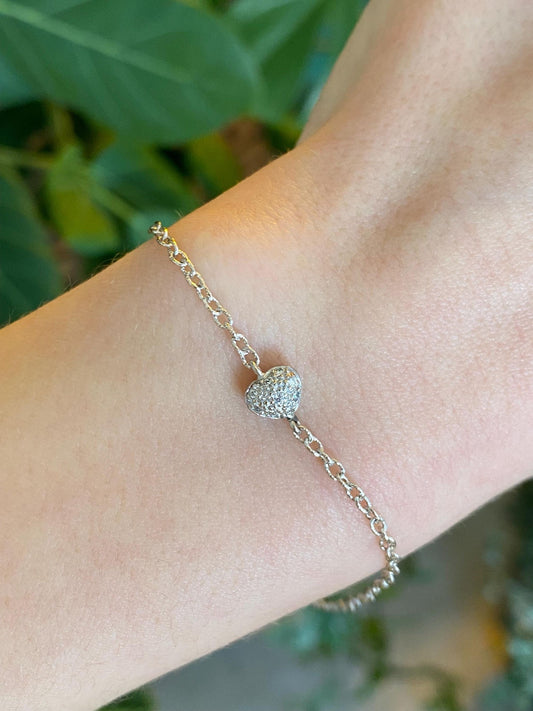 Vintage Solid 18k White Gold Diamond Heart Cable Chain Bracelet - 7 inches