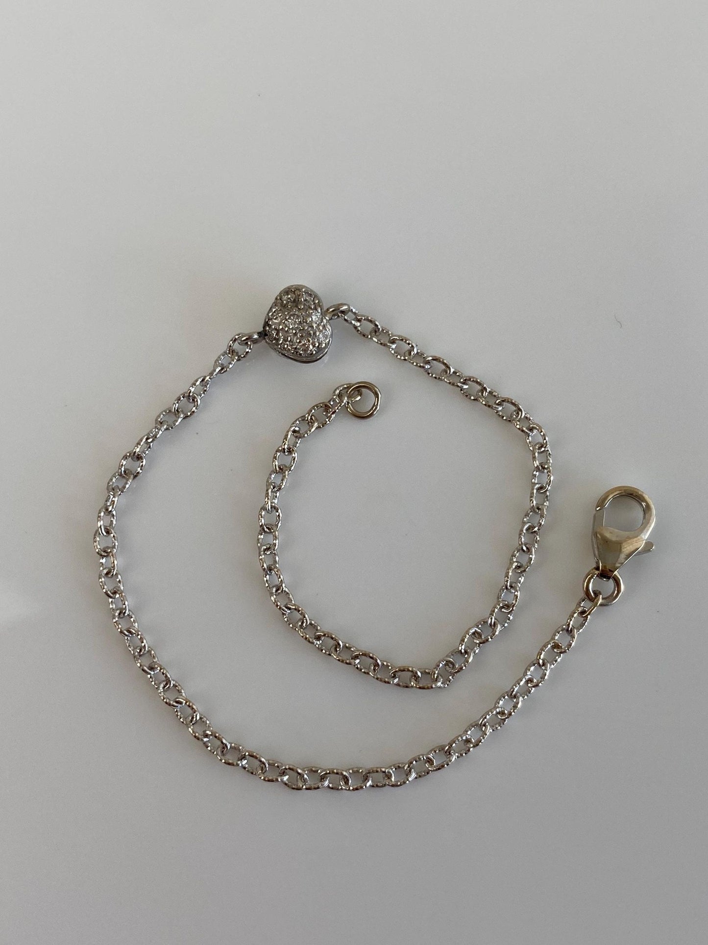 Vintage Solid 18k White Gold Diamond Heart Cable Chain Bracelet - 7 inches