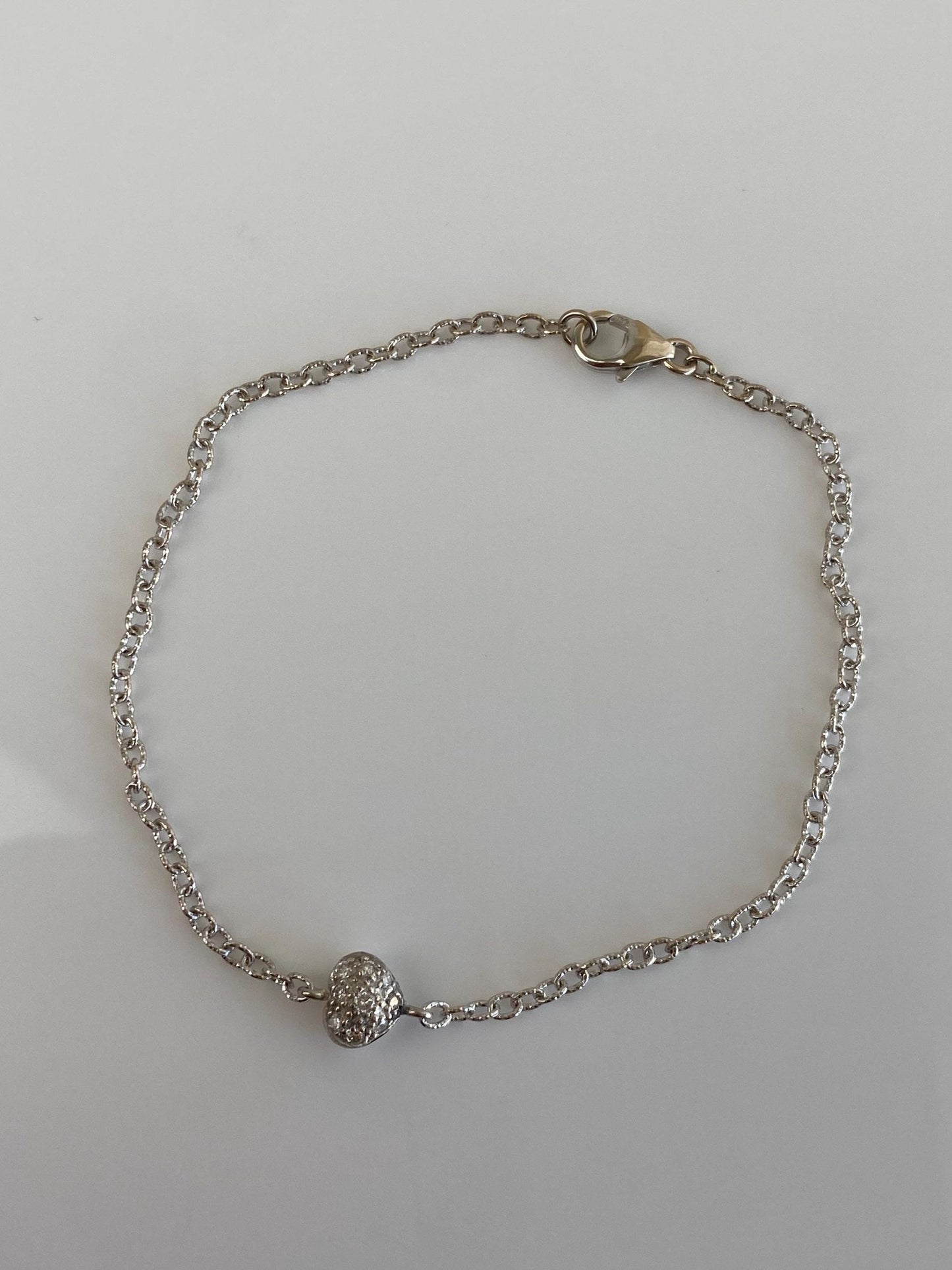 Vintage Solid 18k White Gold Diamond Heart Cable Chain Bracelet - 7 inches