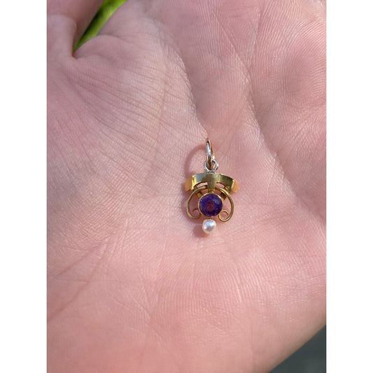 Vintage Solid 14k Yellow Gold Amethyst Pearl Stick Pin Conversion Charm
