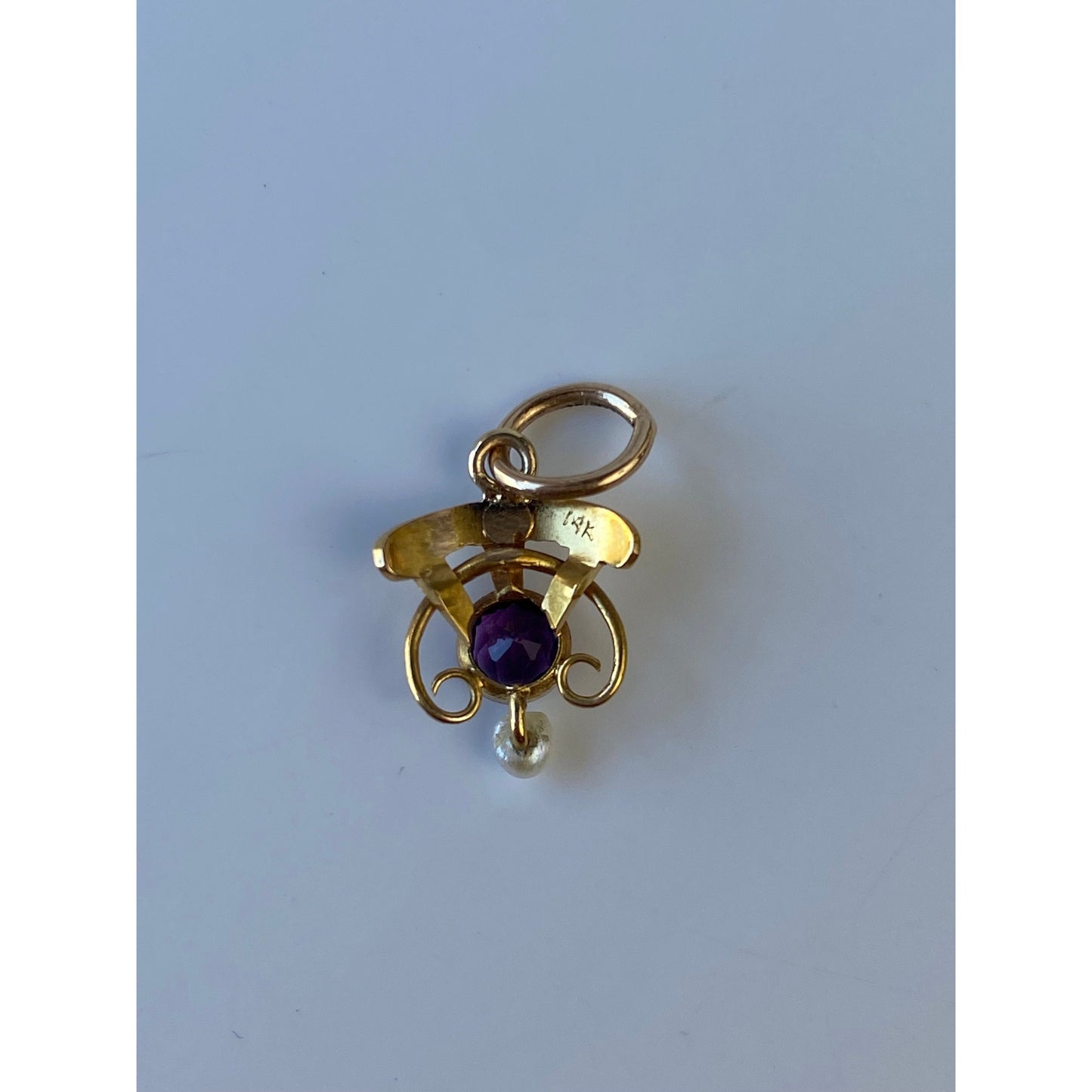 Vintage Solid 14k Yellow Gold Amethyst Pearl Stick Pin Conversion Charm