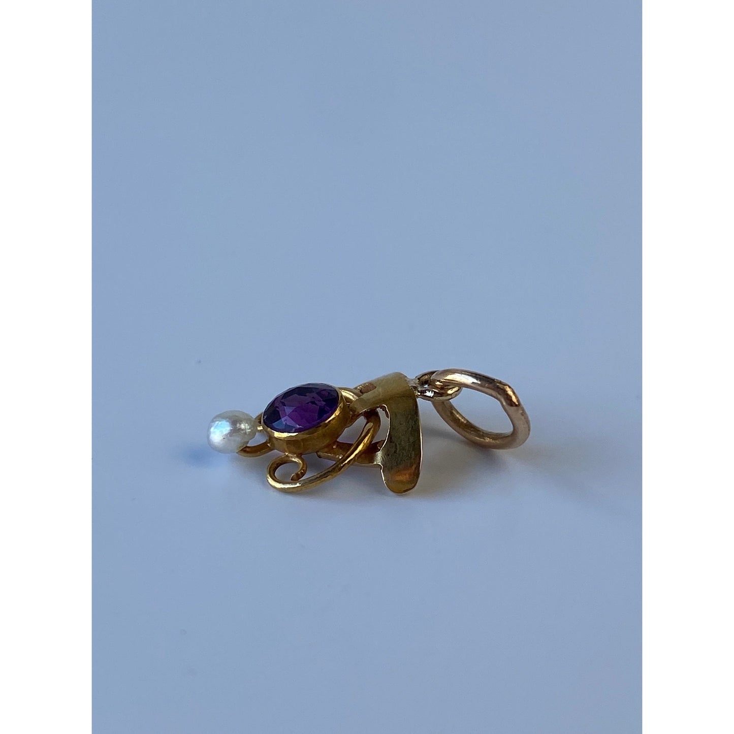 Vintage Solid 14k Yellow Gold Amethyst Pearl Stick Pin Conversion Charm