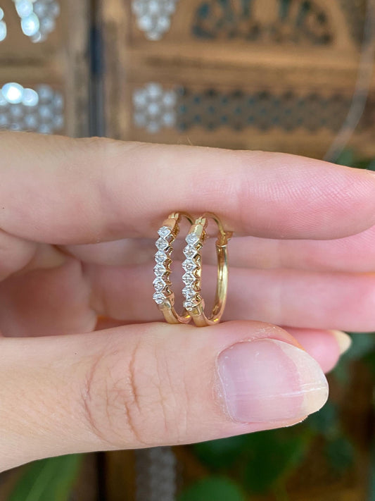 Vintage 14k White & Yellow Gold Clear Sapphire Hoop Earrings