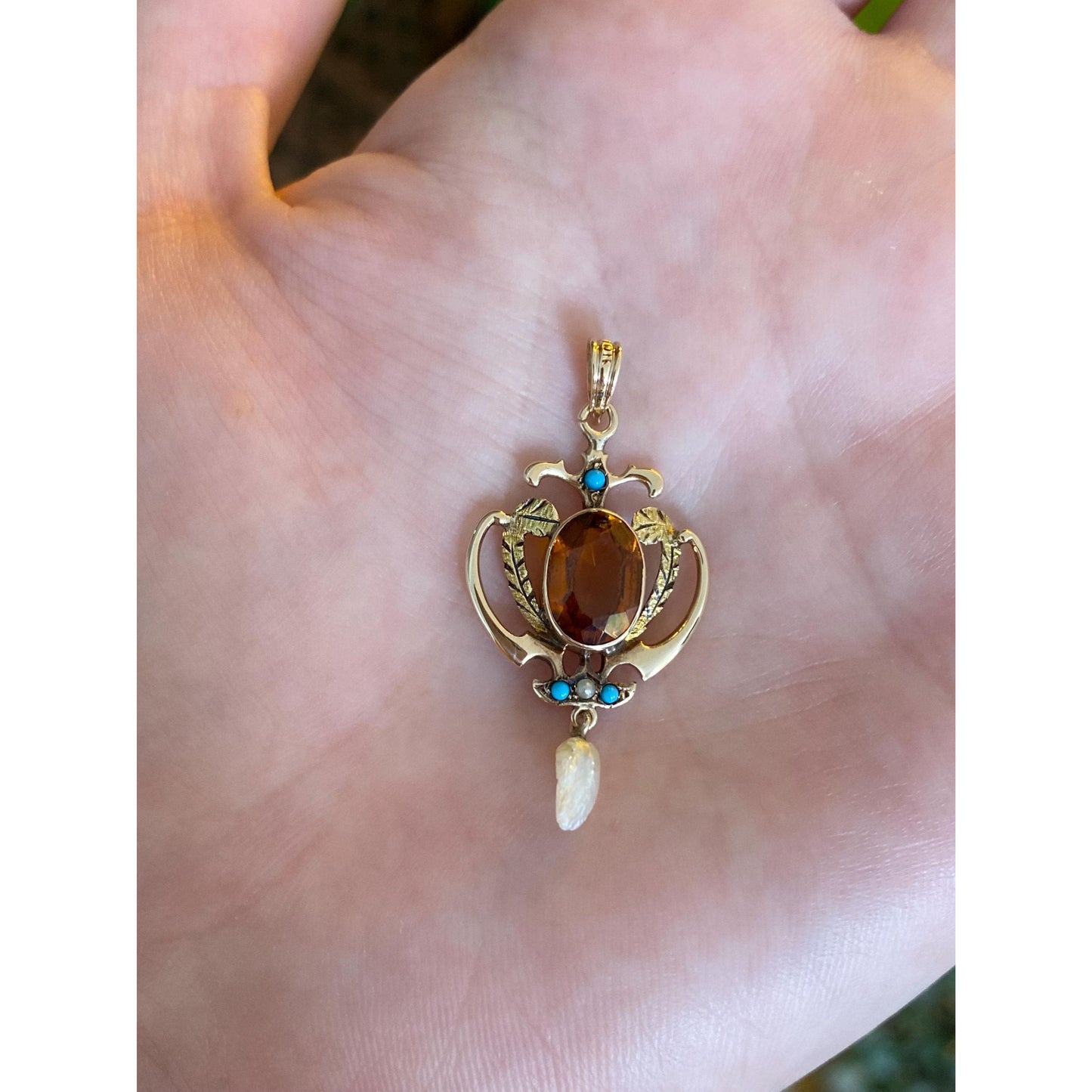 Vintage Solid 10k Yellow Gold Orange Cubic Zirconia Turquoise Pearl Charm