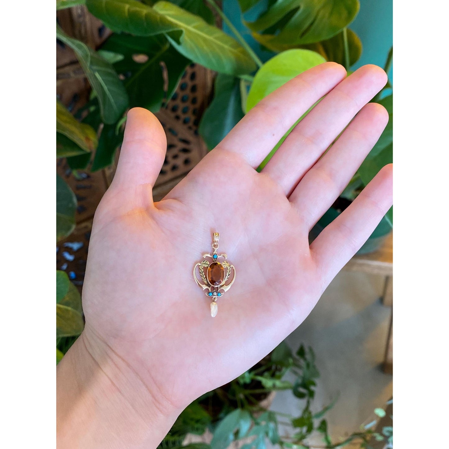 Vintage Solid 10k Yellow Gold Orange Cubic Zirconia Turquoise Pearl Charm