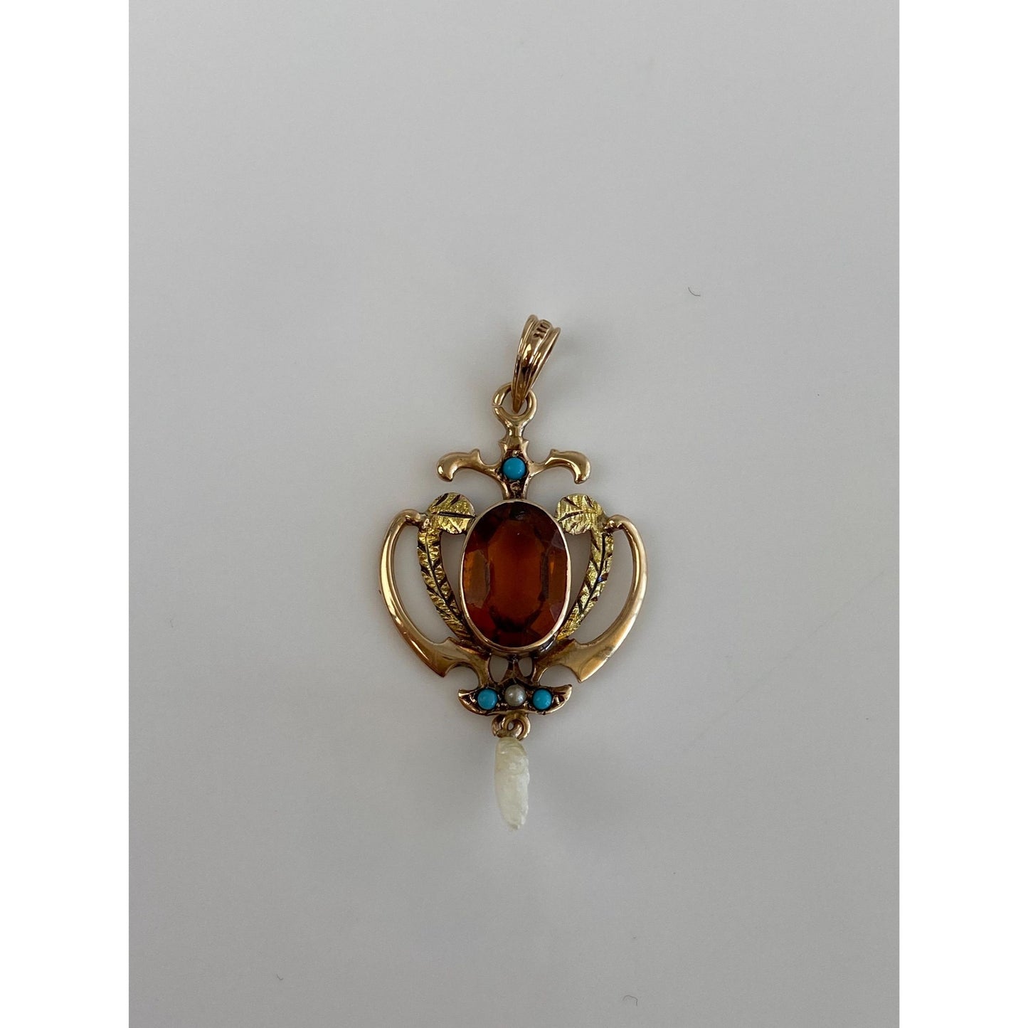 Vintage Solid 10k Yellow Gold Orange Cubic Zirconia Turquoise Pearl Charm
