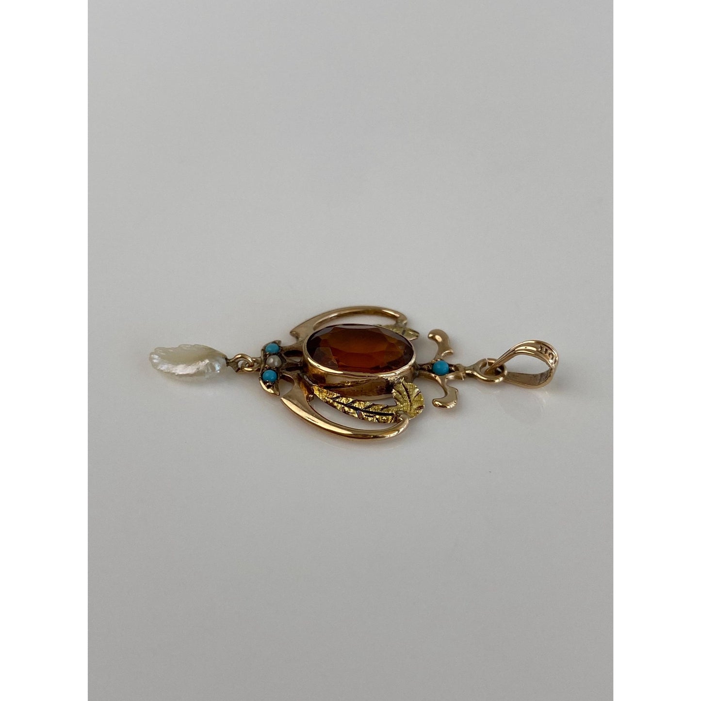 Vintage Solid 10k Yellow Gold Orange Cubic Zirconia Turquoise Pearl Charm