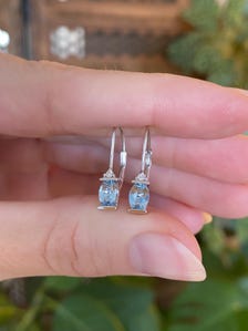 Vintage Solid 14k White Gold Diamond Light Blue Quartz Dangle Earrings