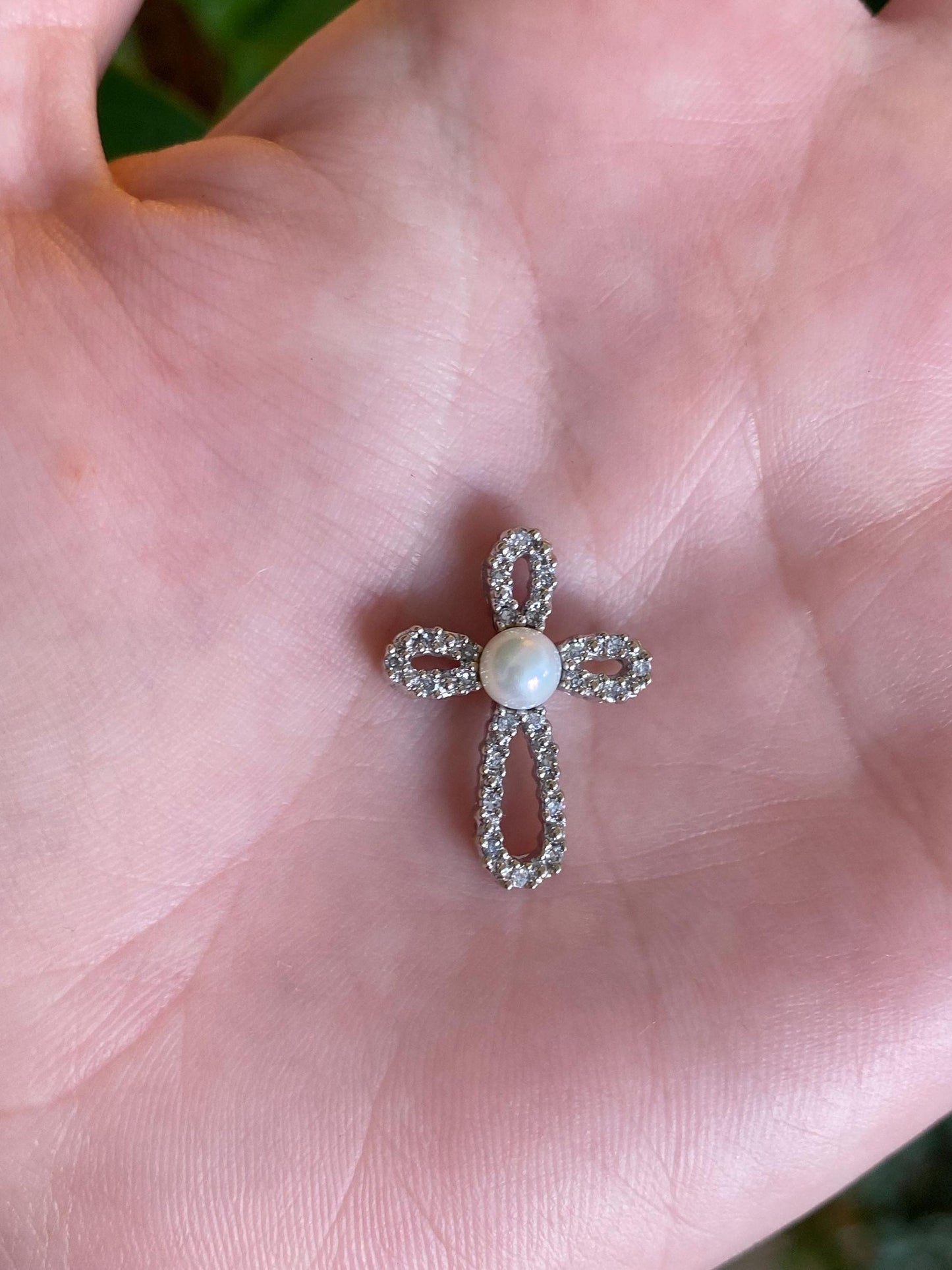 Vintage Solid 10k White Gold Diamond Pearl Cross Charm