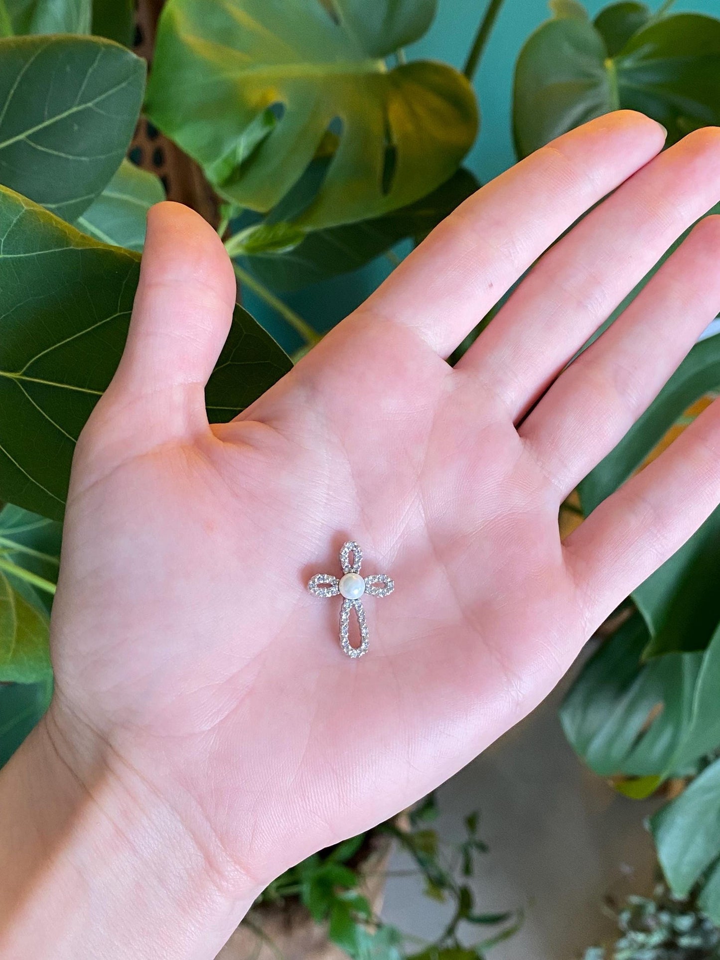 Vintage Solid 10k White Gold Diamond Pearl Cross Charm