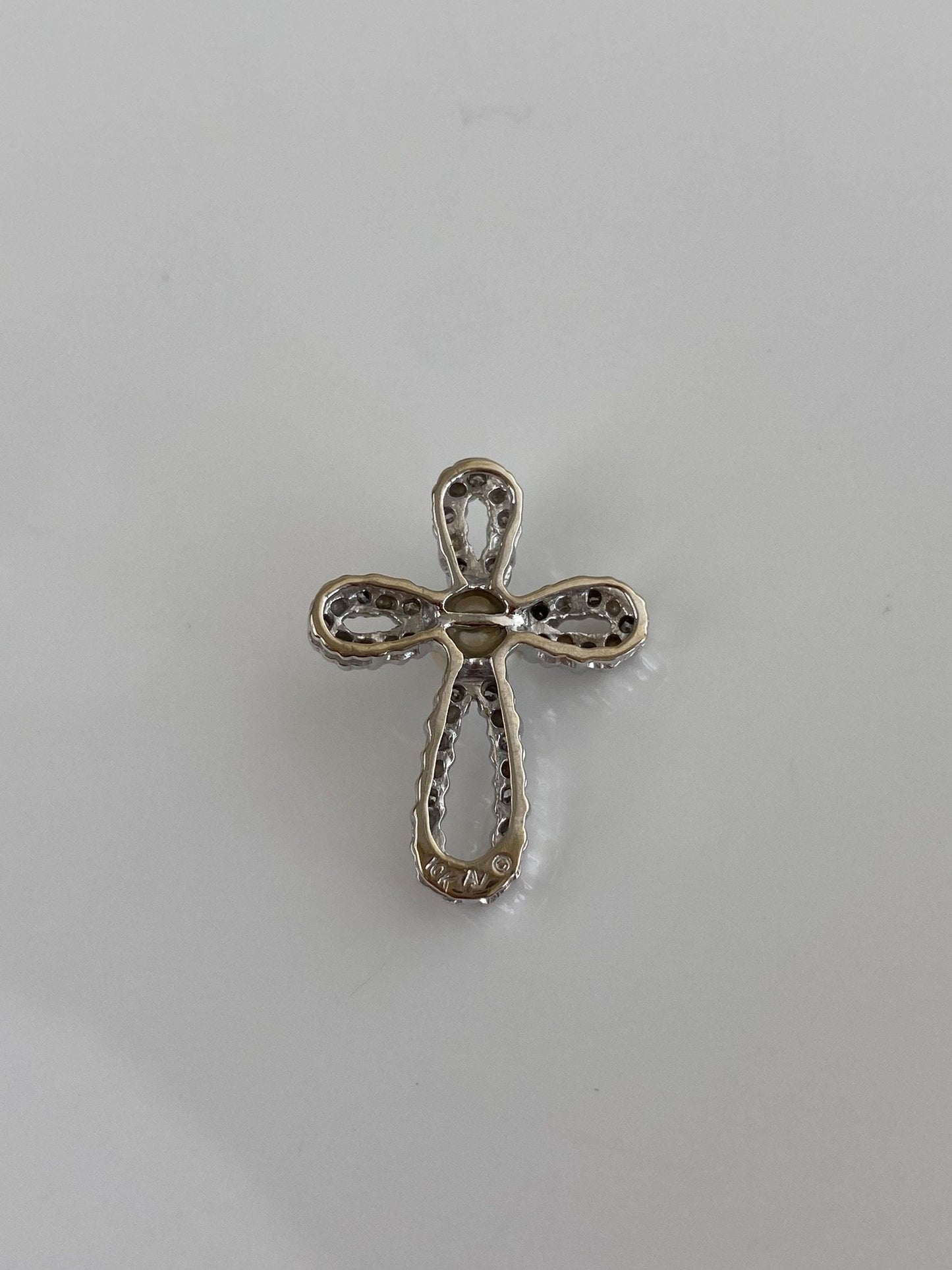 Vintage Solid 10k White Gold Diamond Pearl Cross Charm