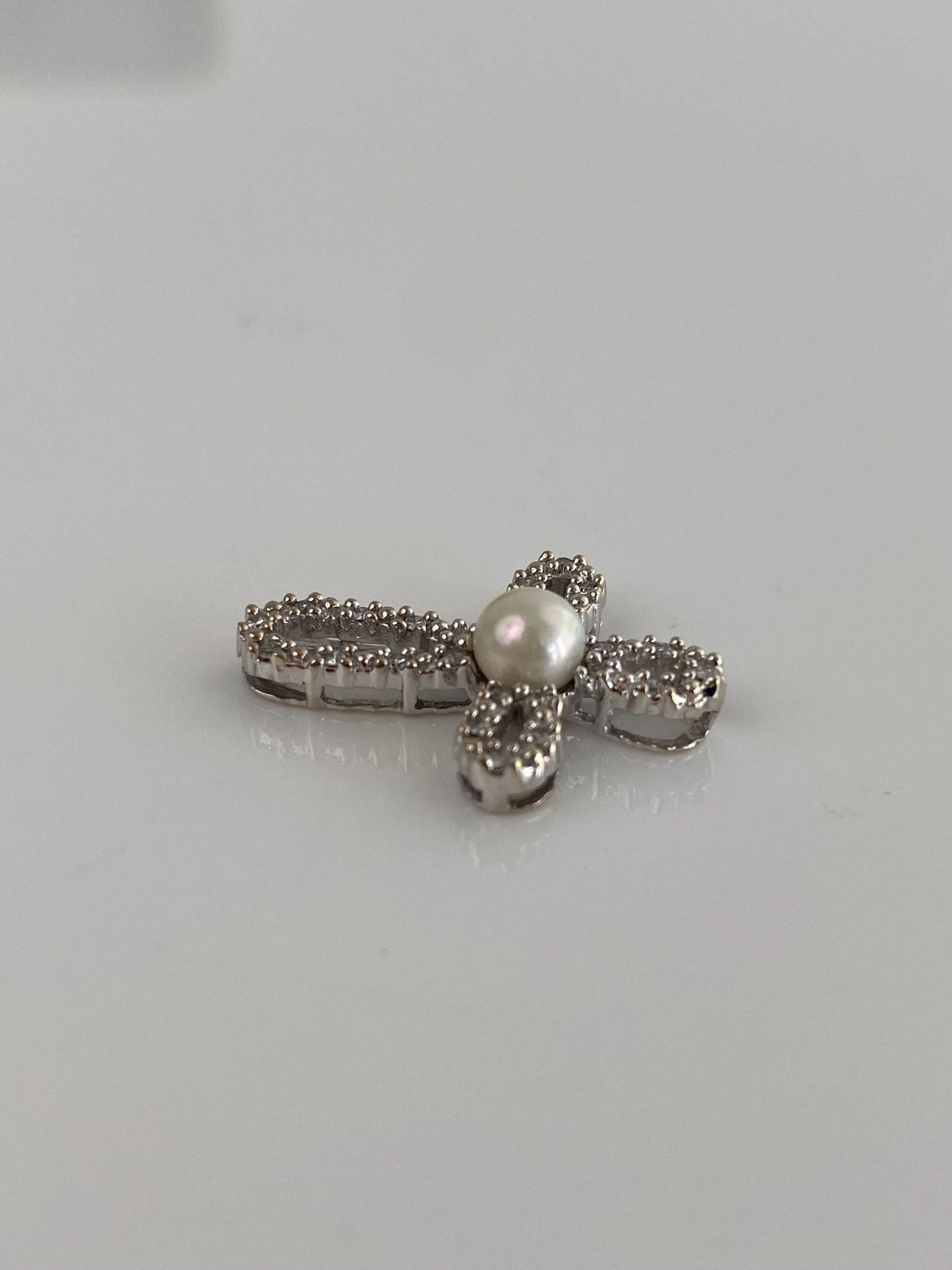 Vintage Solid 10k White Gold Diamond Pearl Cross Charm
