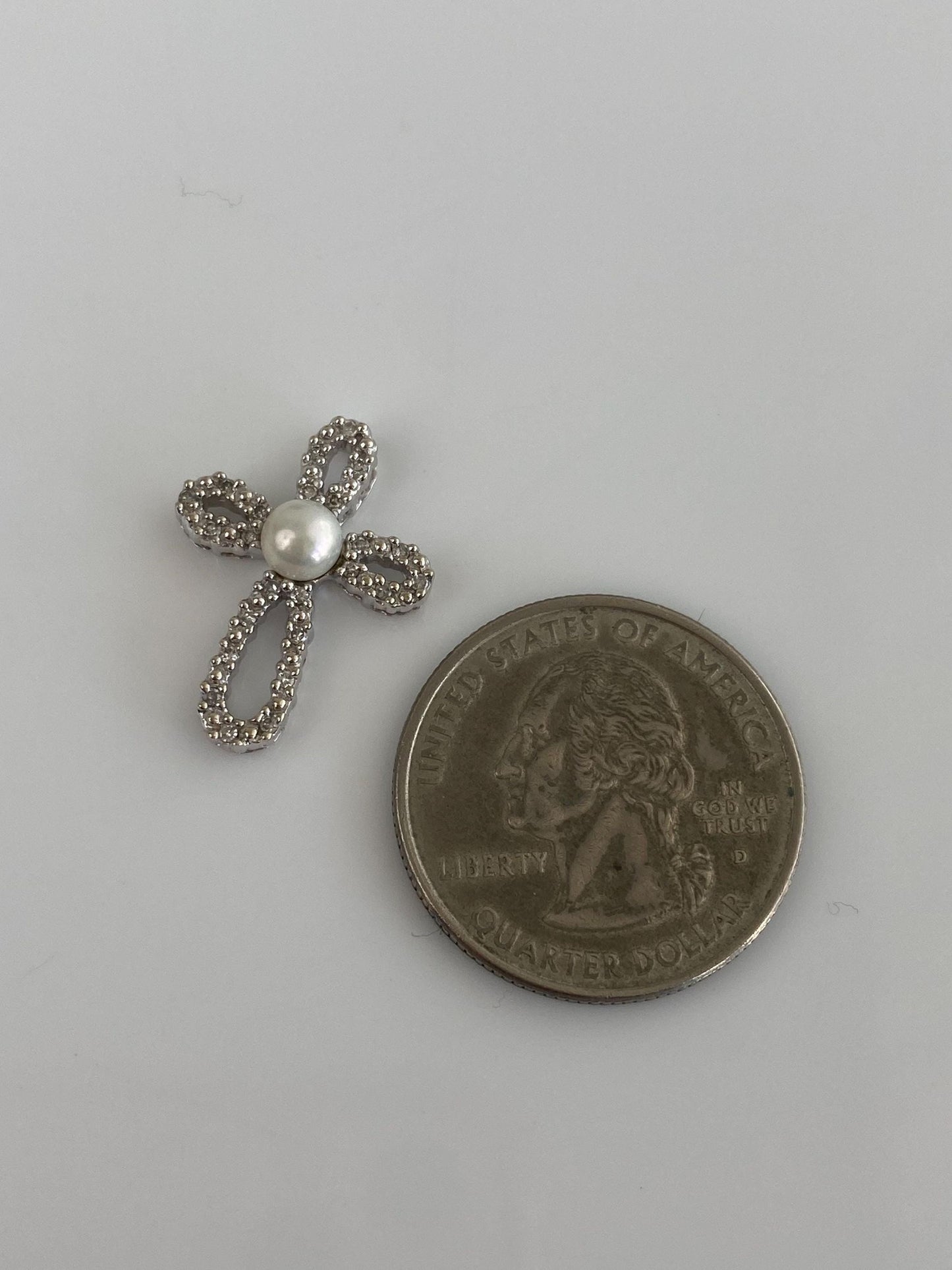 Vintage Solid 10k White Gold Diamond Pearl Cross Charm