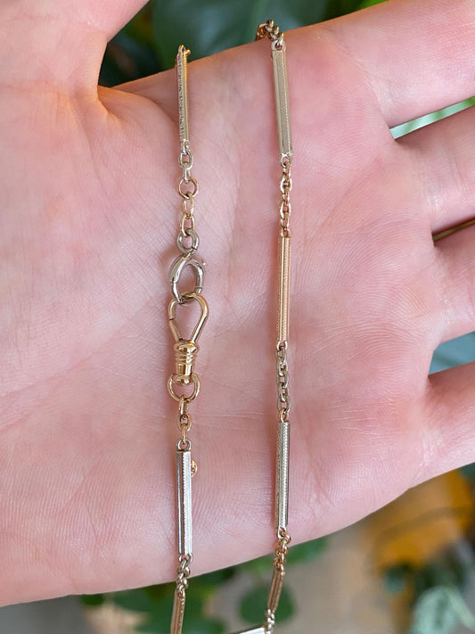 Vintage Solid 14k Rose & White Gold Design Link Cable Chain Pocket Watch Chain - 13.75 inches