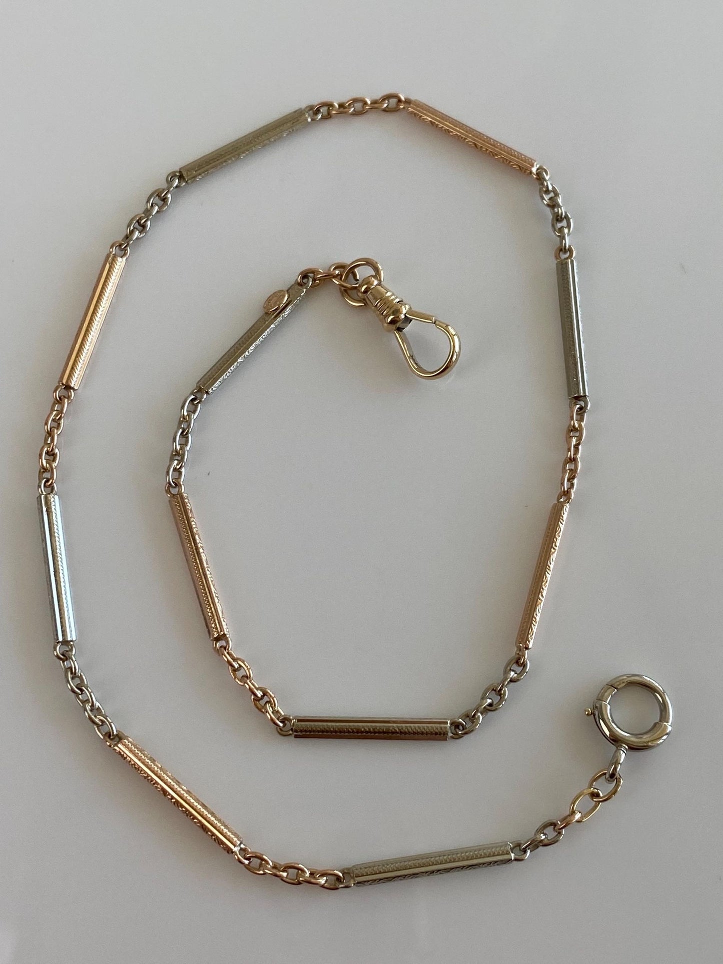 Vintage Solid 14k Rose & White Gold Design Link Cable Chain Pocket Watch Chain - 13.75 inches
