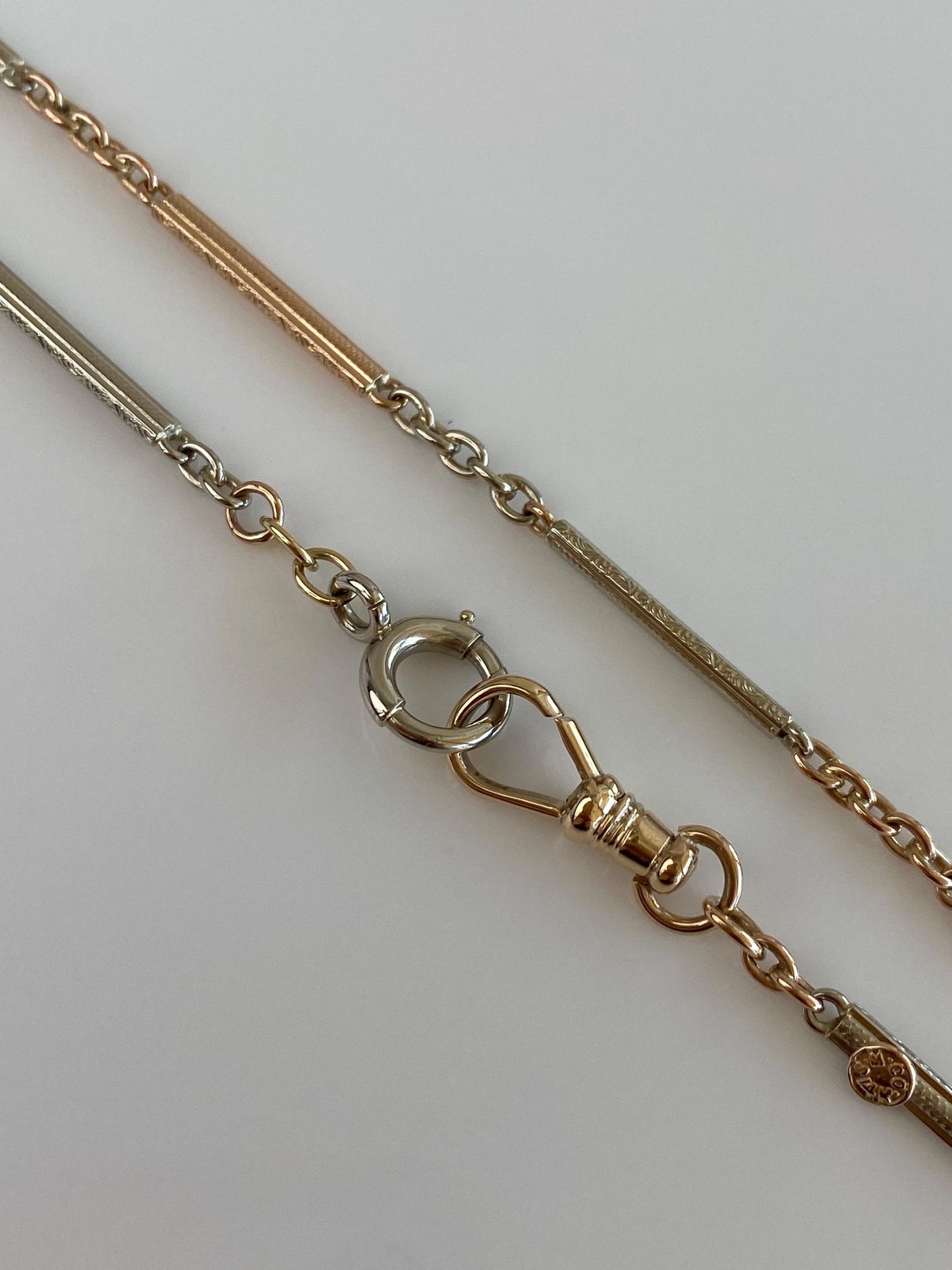 Vintage Solid 14k Rose & White Gold Design Link Cable Chain Pocket Watch Chain - 13.75 inches