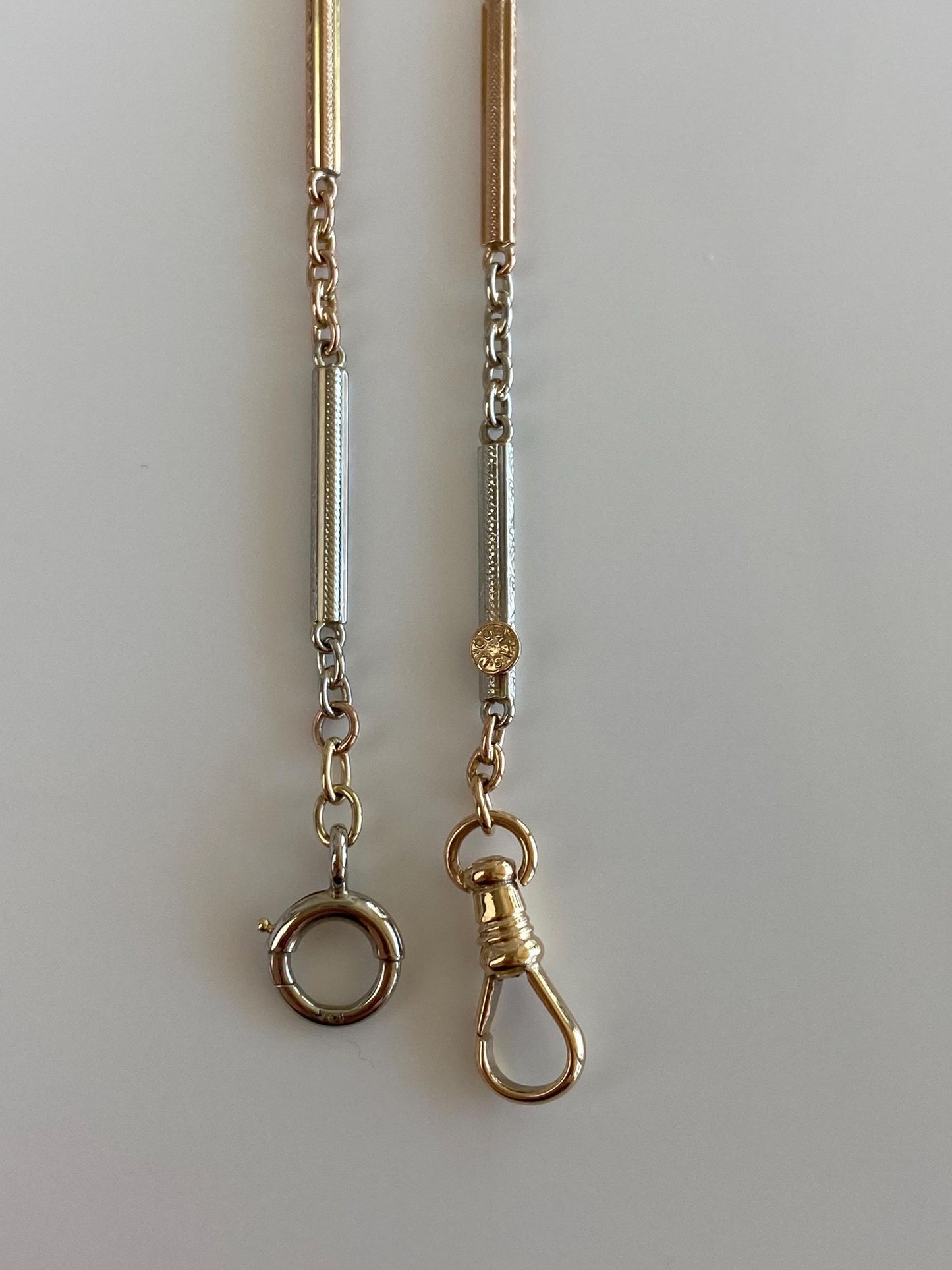 Vintage Solid 14k Rose & White Gold Design Link Cable Chain Pocket Watch Chain - 13.75 inches
