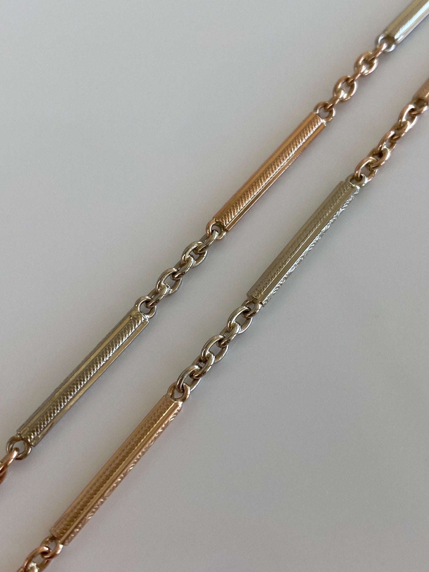 Vintage Solid 14k Rose & White Gold Design Link Cable Chain Pocket Watch Chain - 13.75 inches