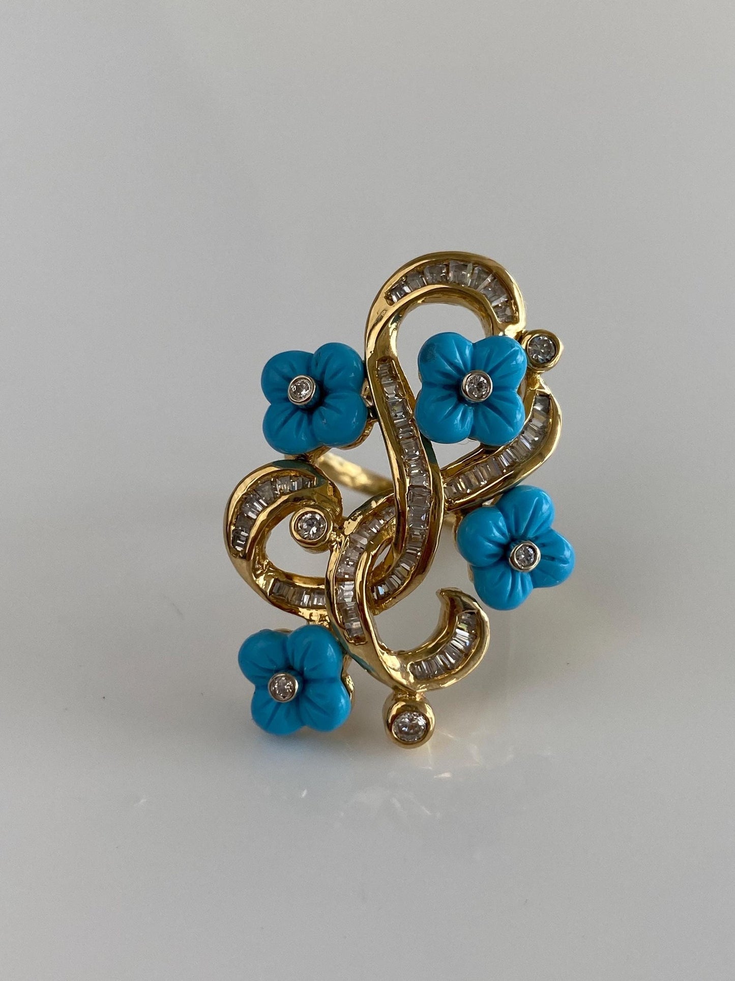 Vintage Solid 18k Yellow Gold Clear Cubic Zirconia & Blue Resin Flowers Ring - Size 6.5