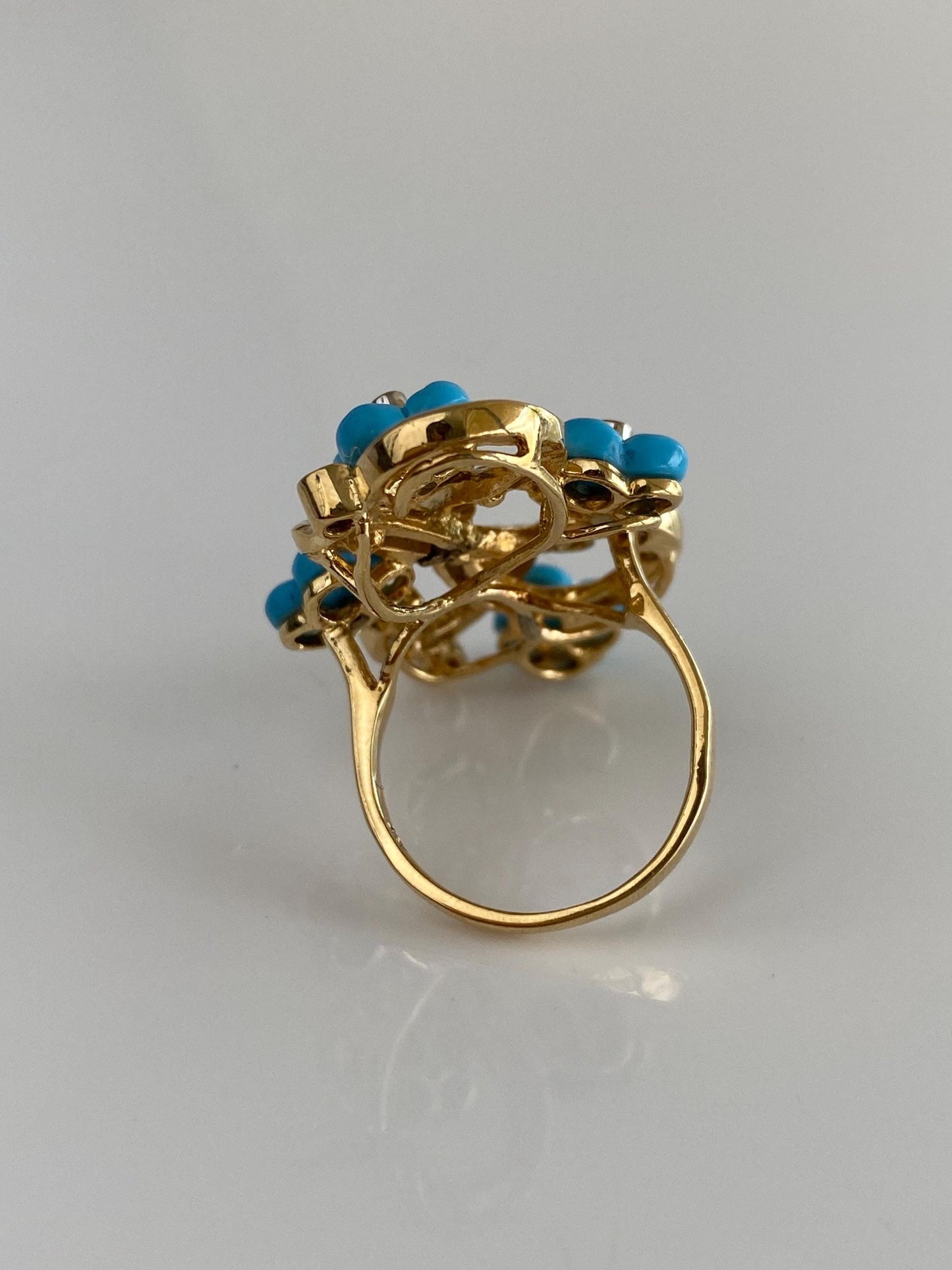 Vintage Solid 18k Yellow Gold Clear Cubic Zirconia & Blue Resin Flowers Ring - Size 6.5
