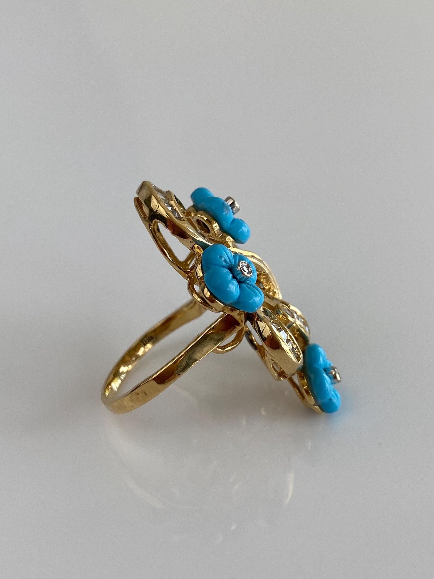 Vintage Solid 18k Yellow Gold Clear Cubic Zirconia & Blue Resin Flowers Ring - Size 6.5