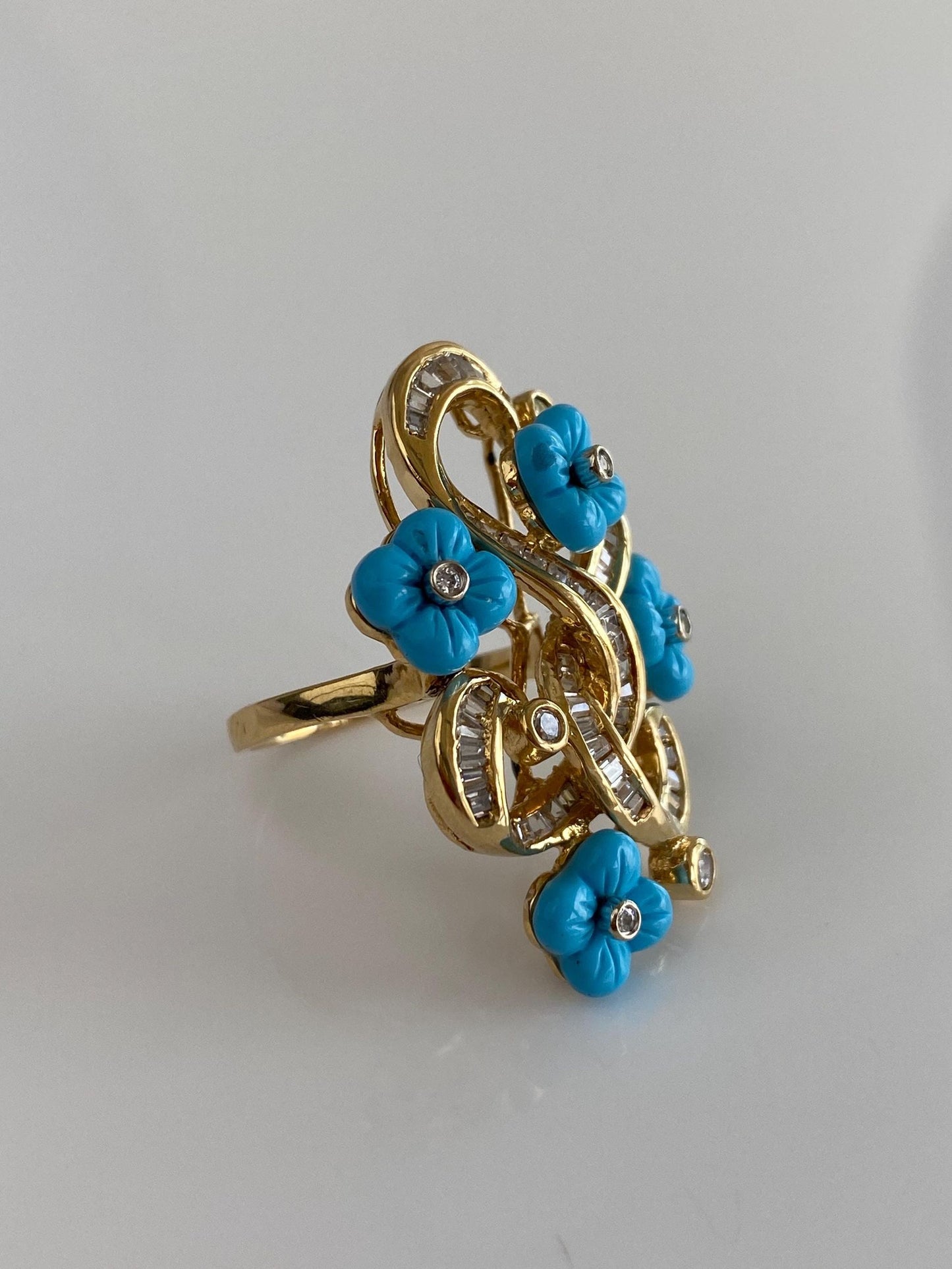 Vintage Solid 18k Yellow Gold Clear Cubic Zirconia & Blue Resin Flowers Ring - Size 6.5