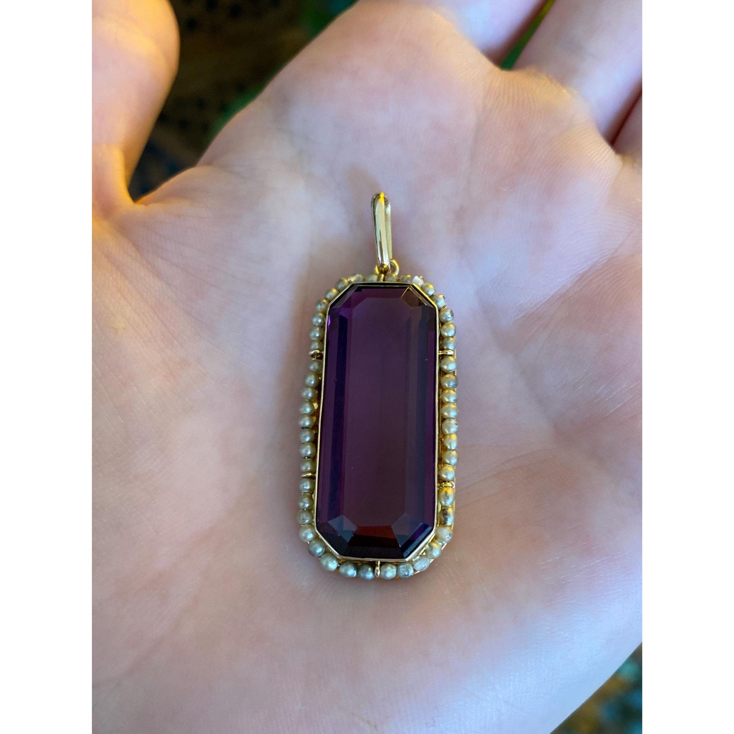 Vintage Solid 18k Yellow Gold Purple Cubic Zirconia Seed Pearl Halo Charm