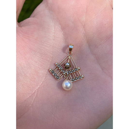 Vintage Solid 10k Yellow Gold Seed Pearl Dangle Charm