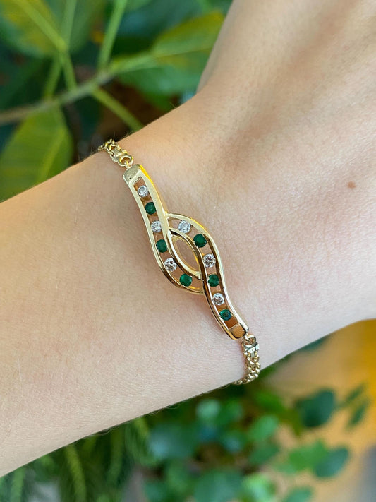 Vintage Solid 14k Yellow Gold Diamond Emerald Bismark Chain Bracelet - 6.5 inches