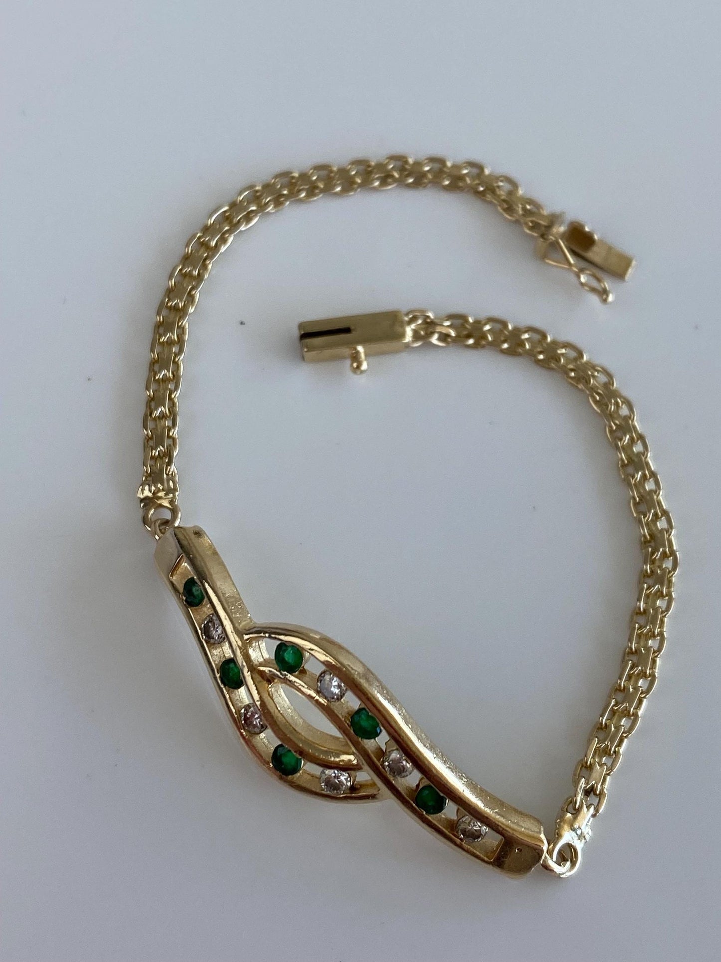Vintage Solid 14k Yellow Gold Diamond Emerald Bismark Chain Bracelet - 6.5 inches