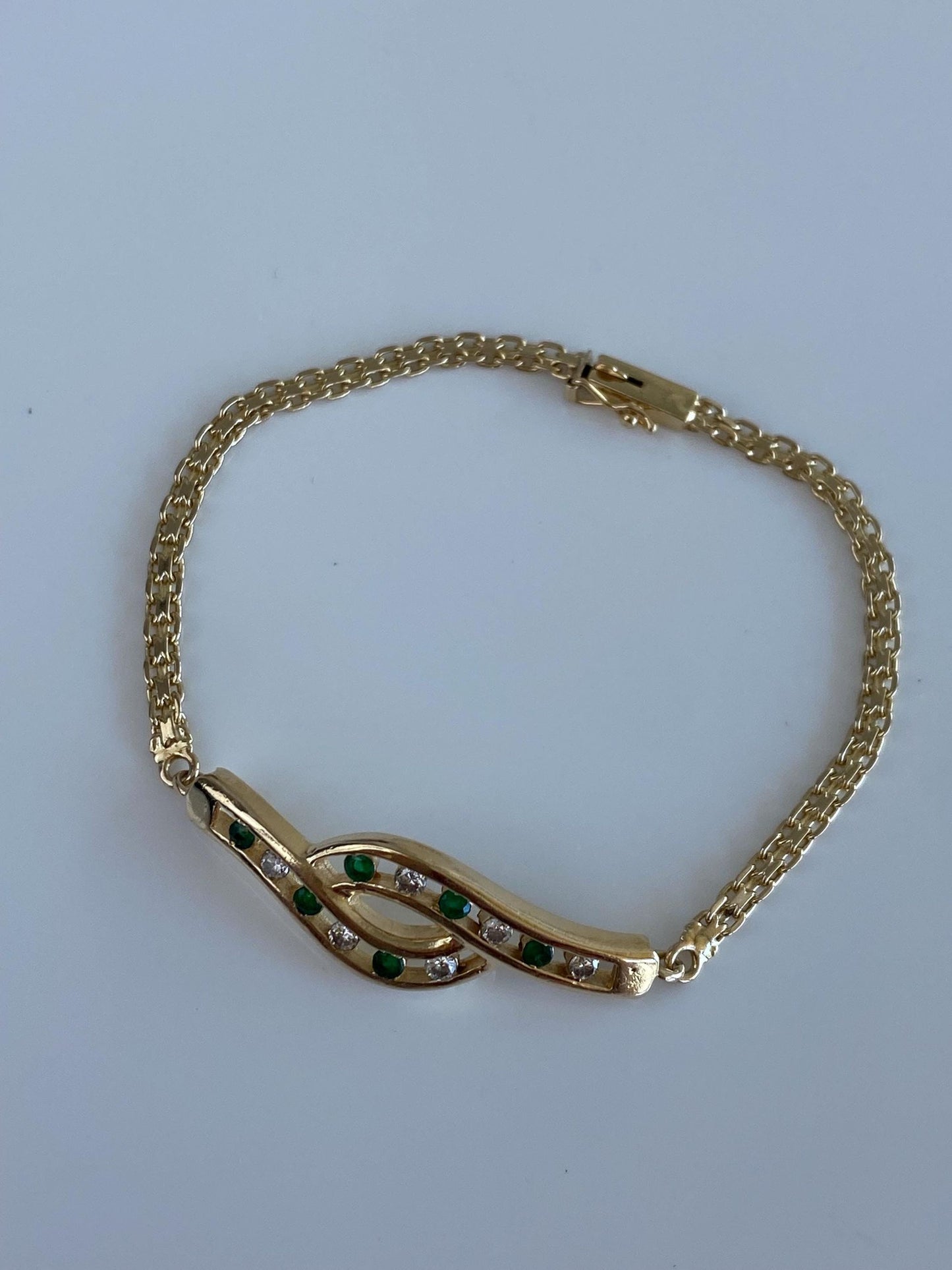 Vintage Solid 14k Yellow Gold Diamond Emerald Bismark Chain Bracelet - 6.5 inches