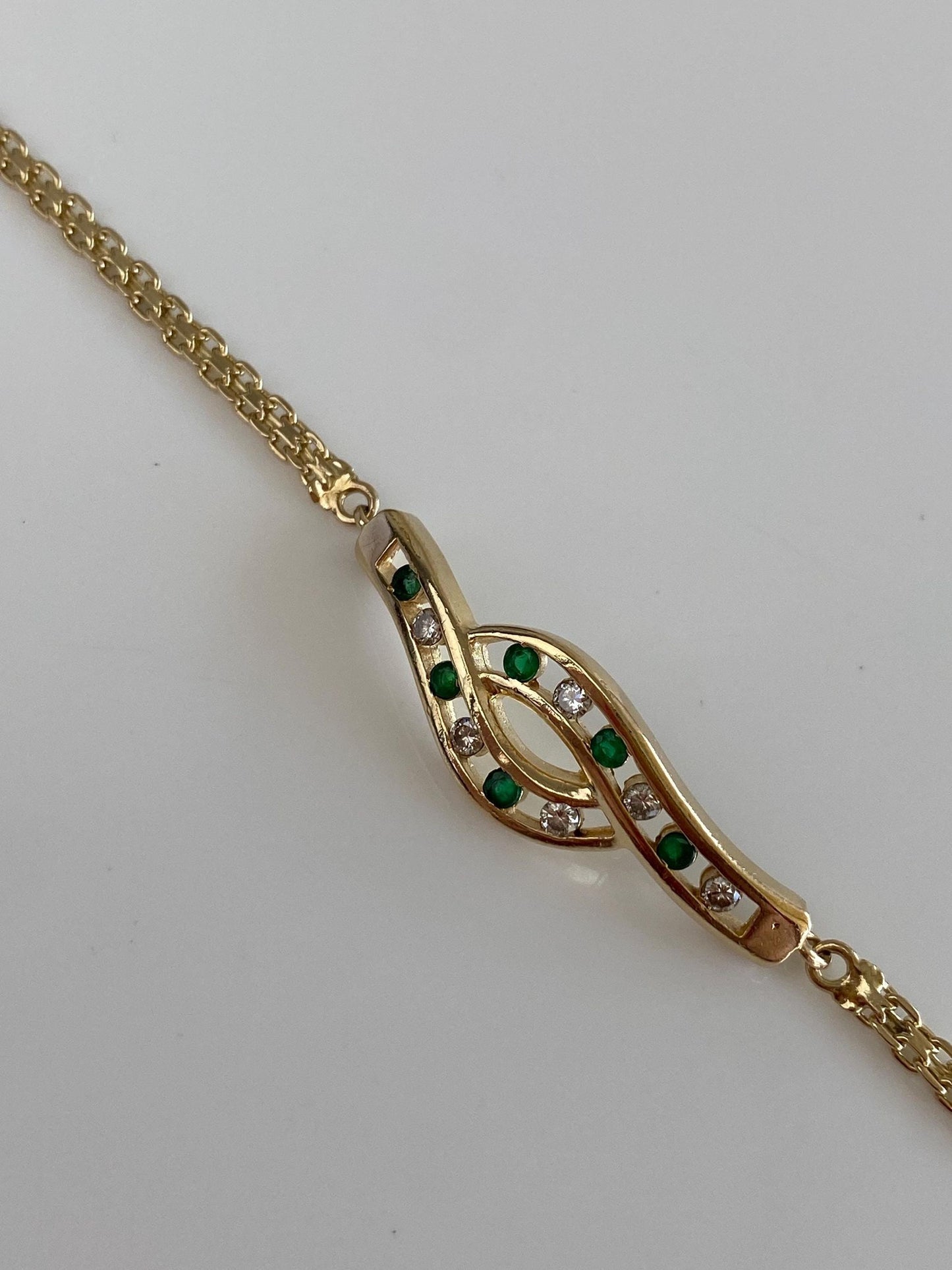 Vintage Solid 14k Yellow Gold Diamond Emerald Bismark Chain Bracelet - 6.5 inches