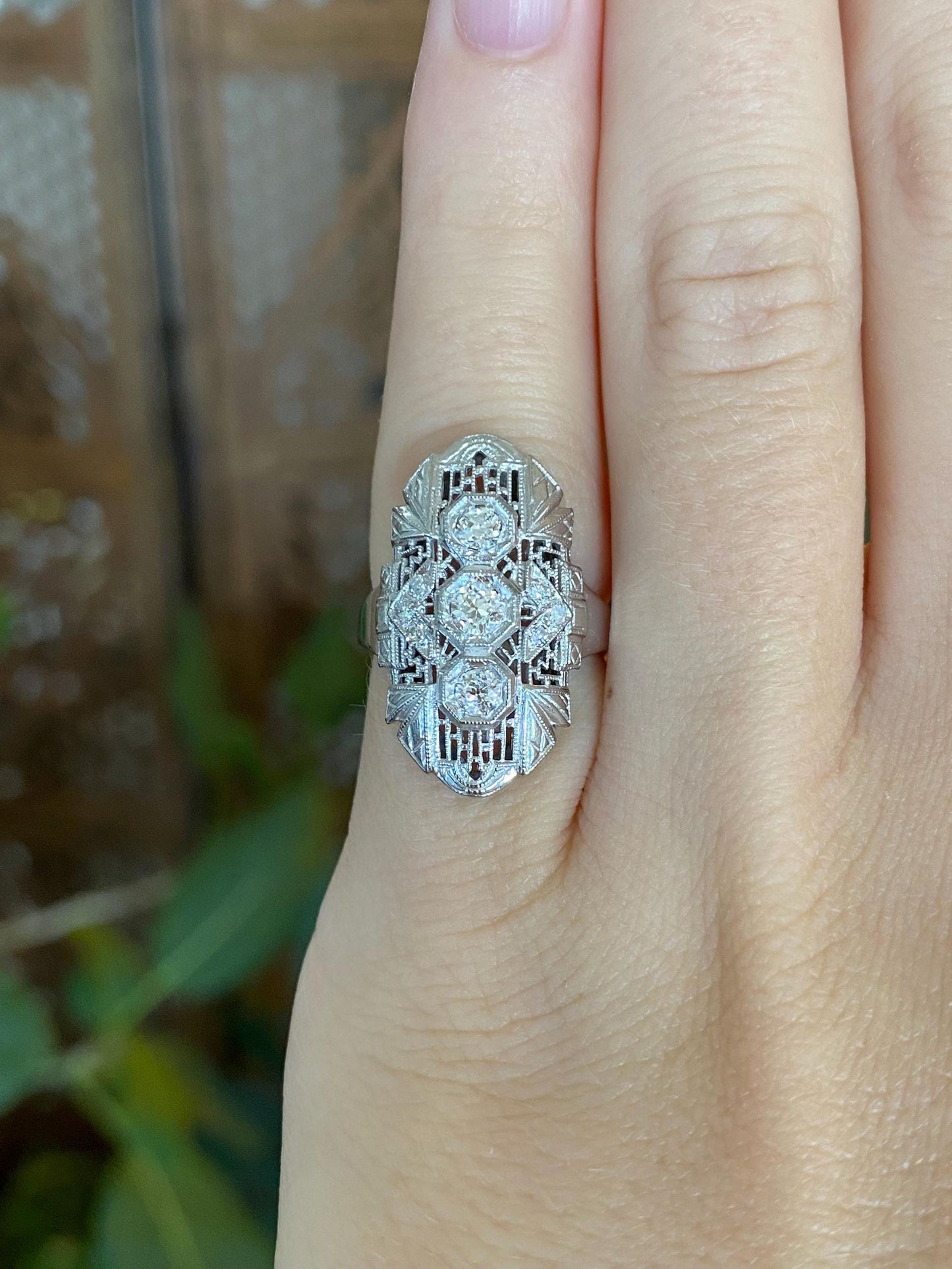 Vintage Solid 14k White Gold Diamonds Art Deco Ring - Size 3.25