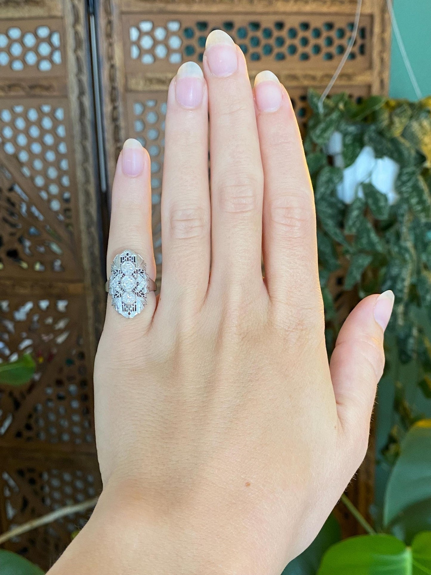 Vintage Solid 14k White Gold Diamonds Art Deco Ring - Size 3.25