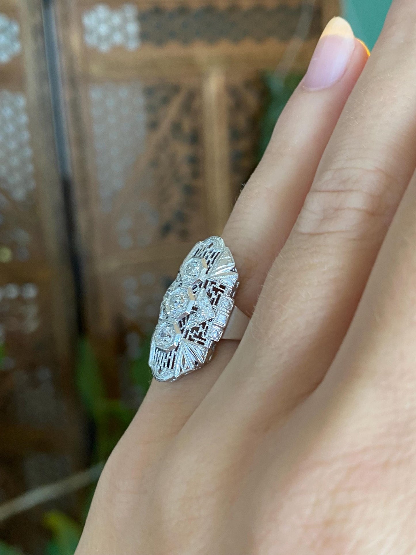 Vintage Solid 14k White Gold Diamonds Art Deco Ring - Size 3.25