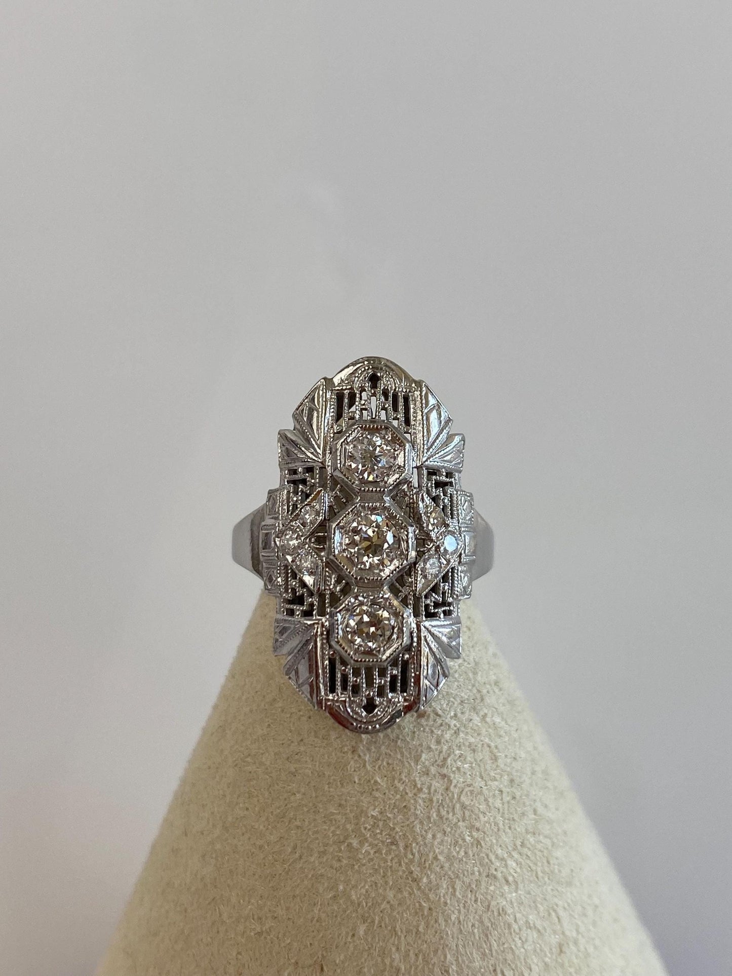 Vintage Solid 14k White Gold Diamonds Art Deco Ring - Size 3.25