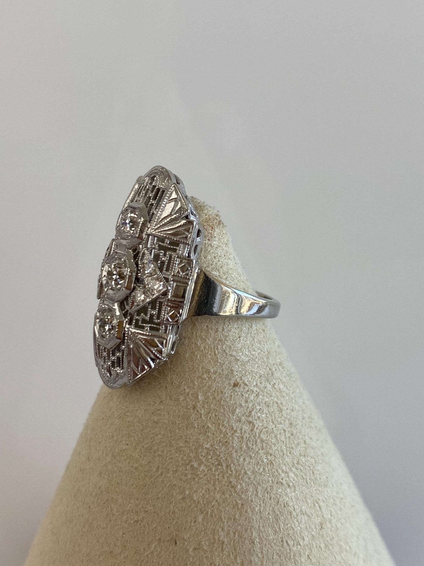 Vintage Solid 14k White Gold Diamonds Art Deco Ring - Size 3.25