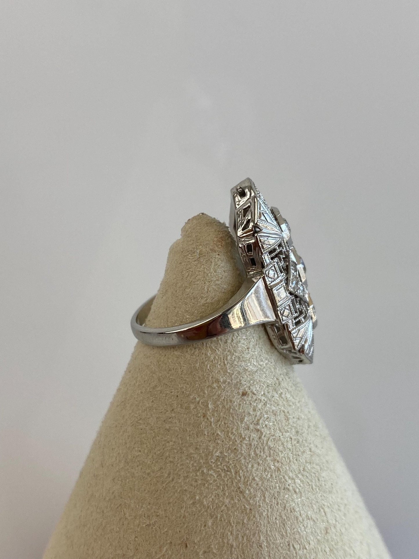 Vintage Solid 14k White Gold Diamonds Art Deco Ring - Size 3.25