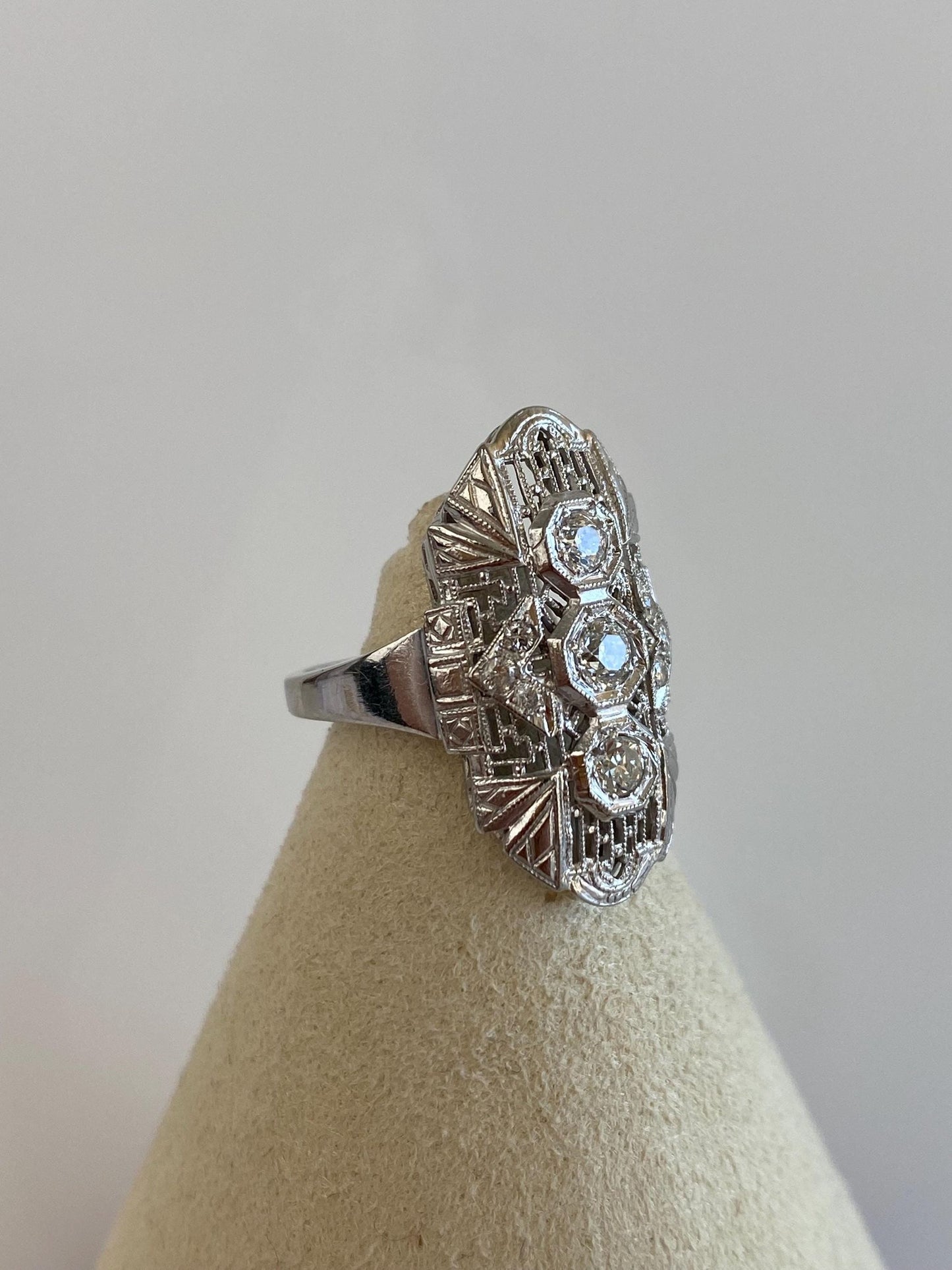 Vintage Solid 14k White Gold Diamonds Art Deco Ring - Size 3.25