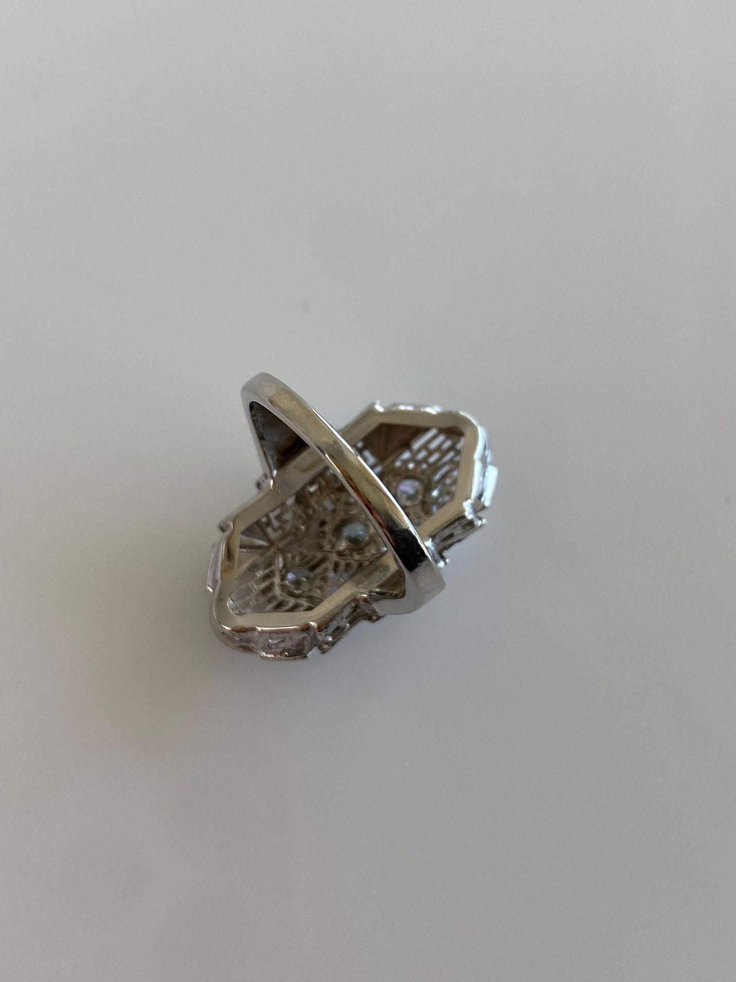 Vintage Solid 14k White Gold Diamonds Art Deco Ring - Size 3.25