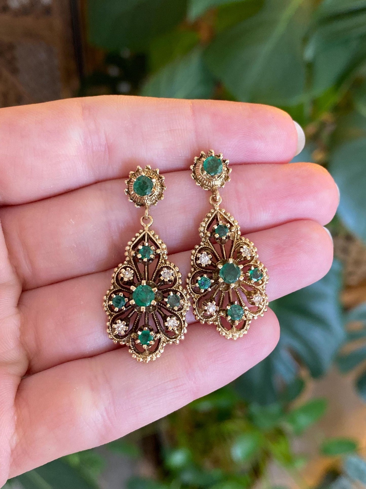 Vintage Solid 14k Yellow Gold Diamond Emerald Ornate Dangle Stud Earrings
