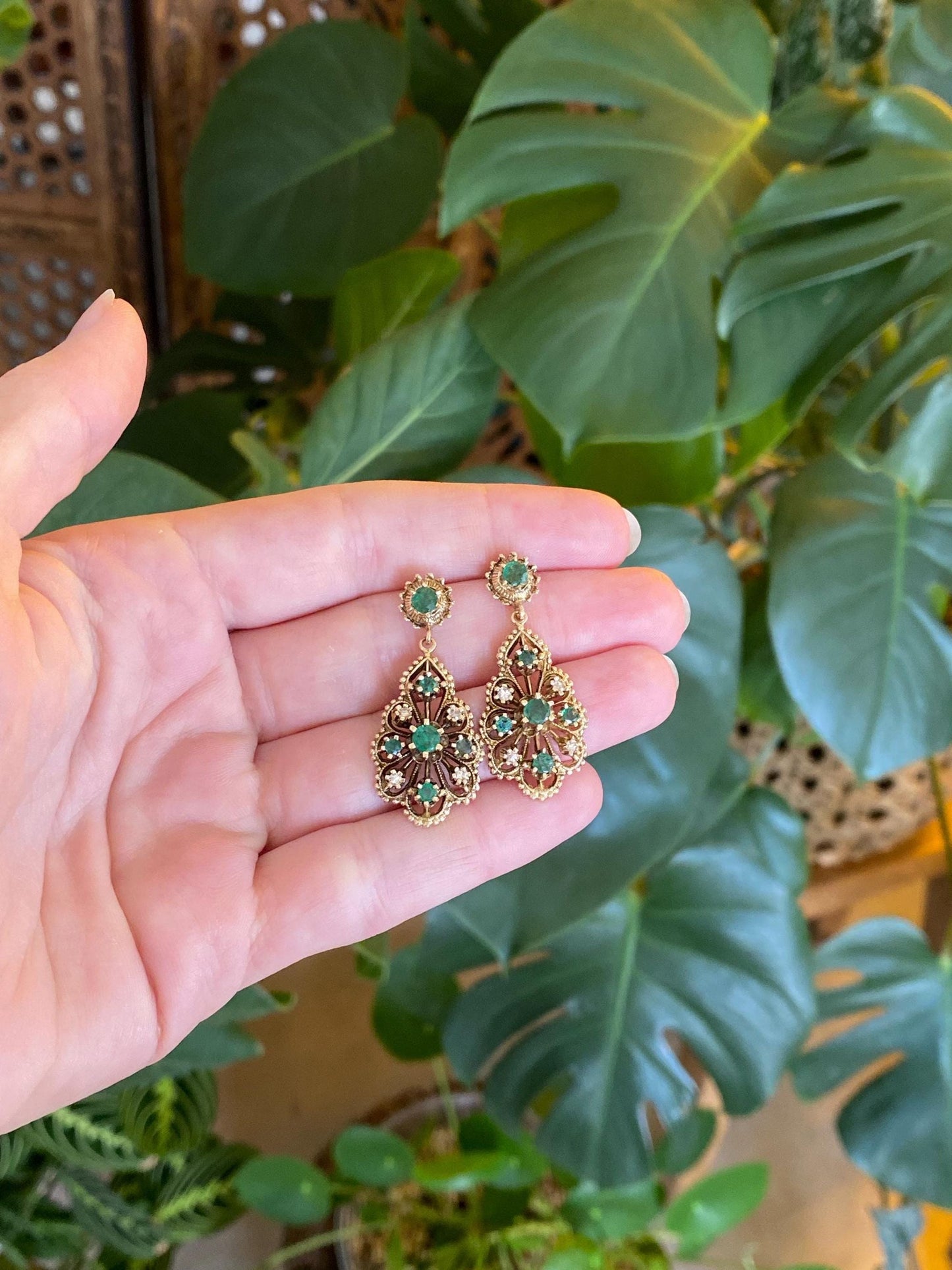 Vintage Solid 14k Yellow Gold Diamond Emerald Ornate Dangle Stud Earrings