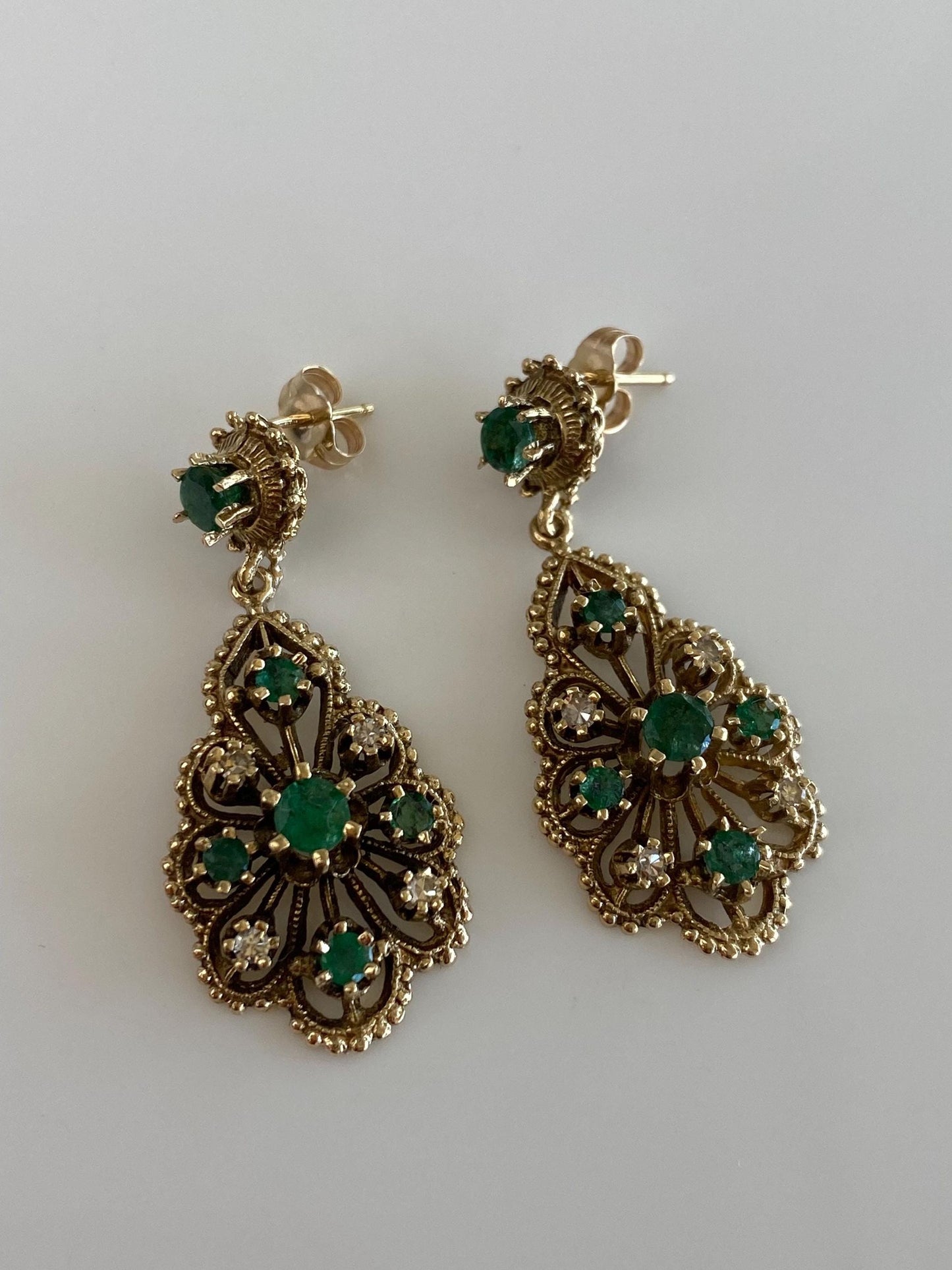 Vintage Solid 14k Yellow Gold Diamond Emerald Ornate Dangle Stud Earrings