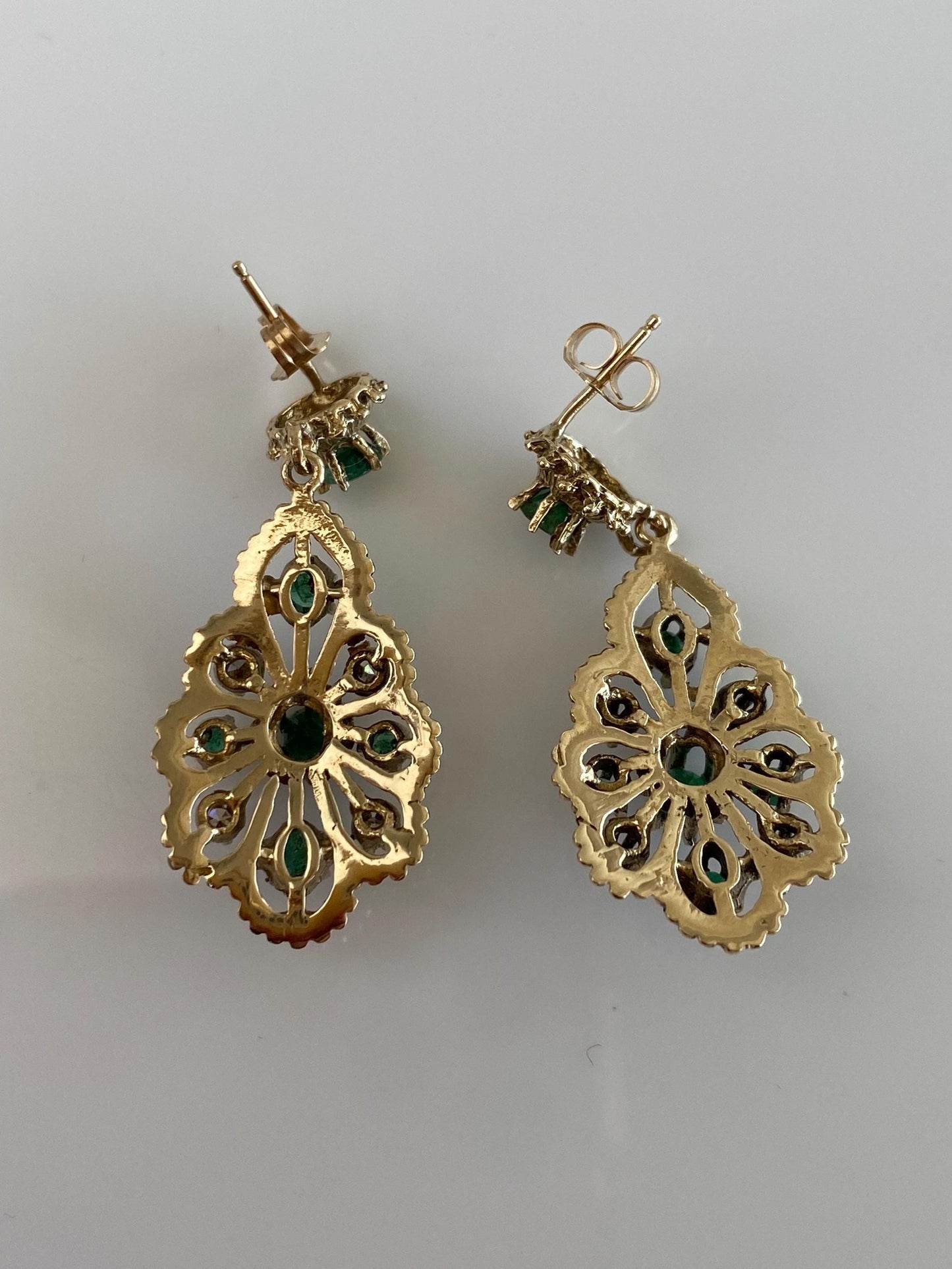 Vintage Solid 14k Yellow Gold Diamond Emerald Ornate Dangle Stud Earrings