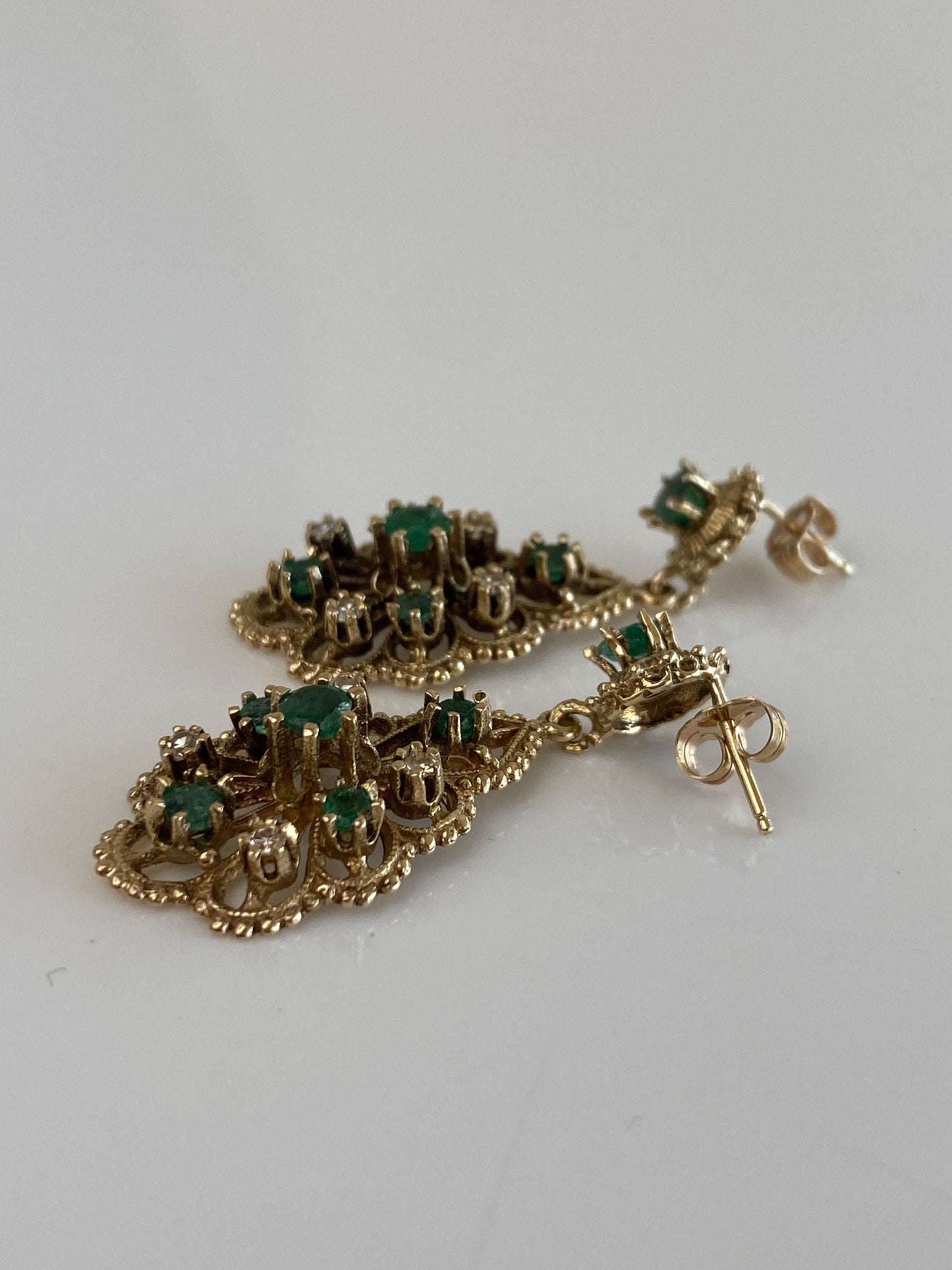 Vintage Solid 14k Yellow Gold Diamond Emerald Ornate Dangle Stud Earrings