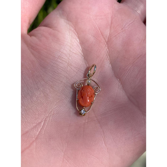 Vintage Solid 10k Yellow Gold Diamond Coral Pearl Cameo Charm