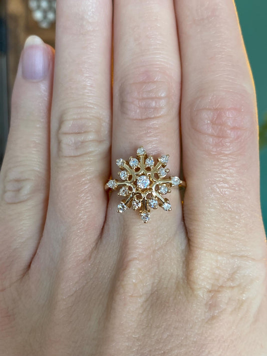 Vintage Solid 14k Yellow Gold Diamond Snowflake Ring - Size 6.25