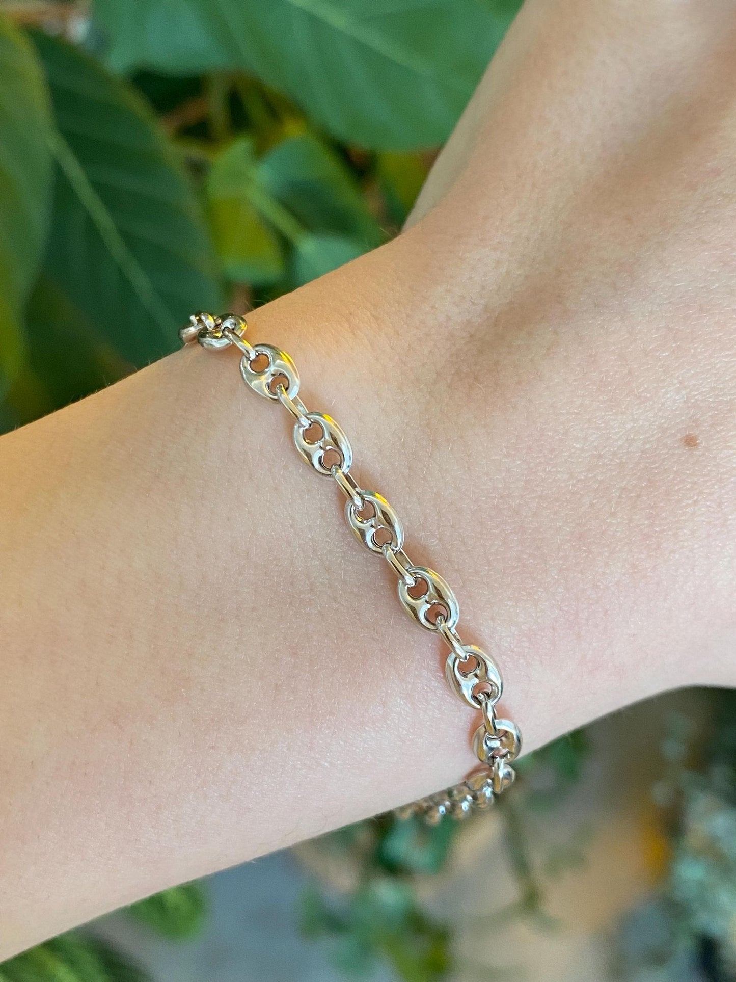 Vintage 14k White Gold Puffy Mariner Chain Bracelet - 7.5 inches