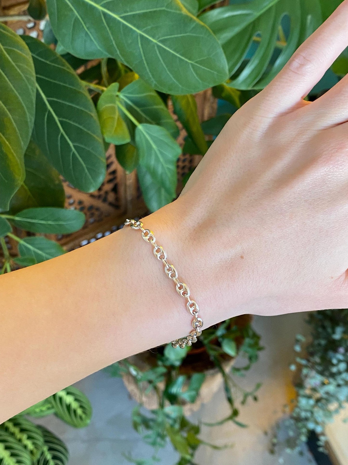 Vintage 14k White Gold Puffy Mariner Chain Bracelet - 7.5 inches